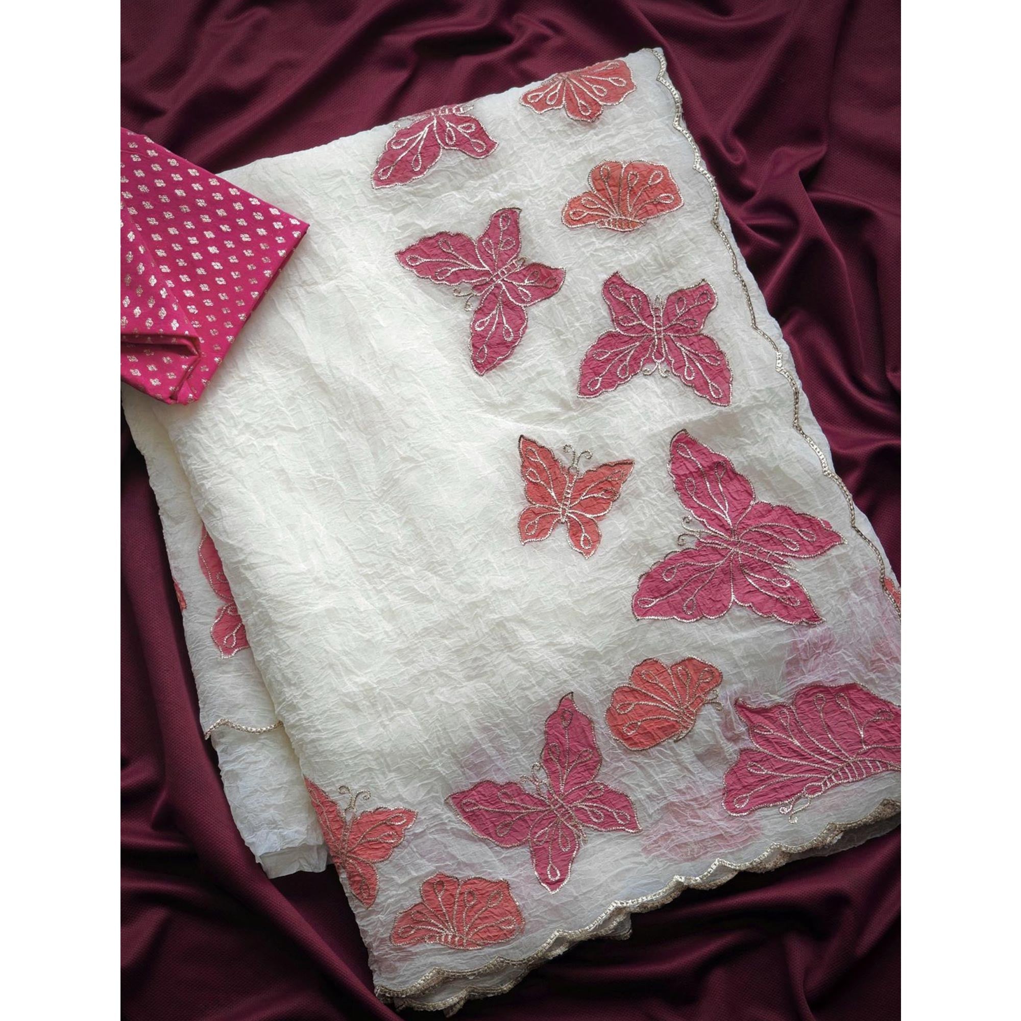 Off White Designer Chiffon Crush Saree Featuring Butterfly Embroidery