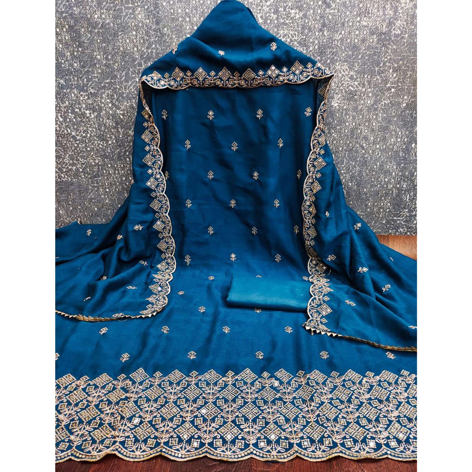 Festive Wear Teal Vichitra Silk Dress Material with Sequins Embellishment