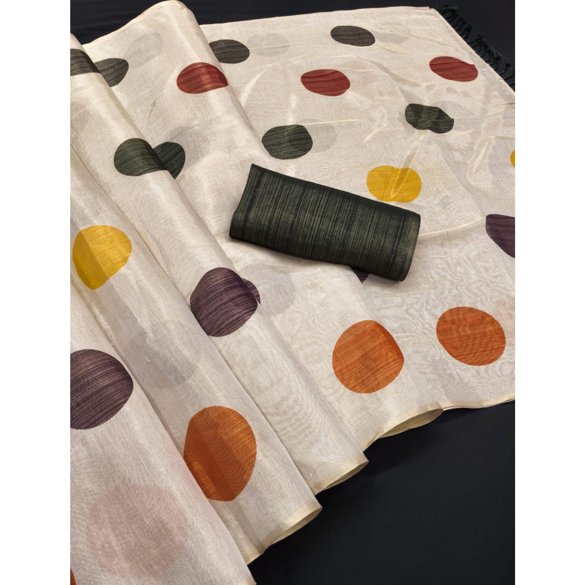 Off White Art Silk Saree with Contemporary Polka Dot Print & Tassel Edge