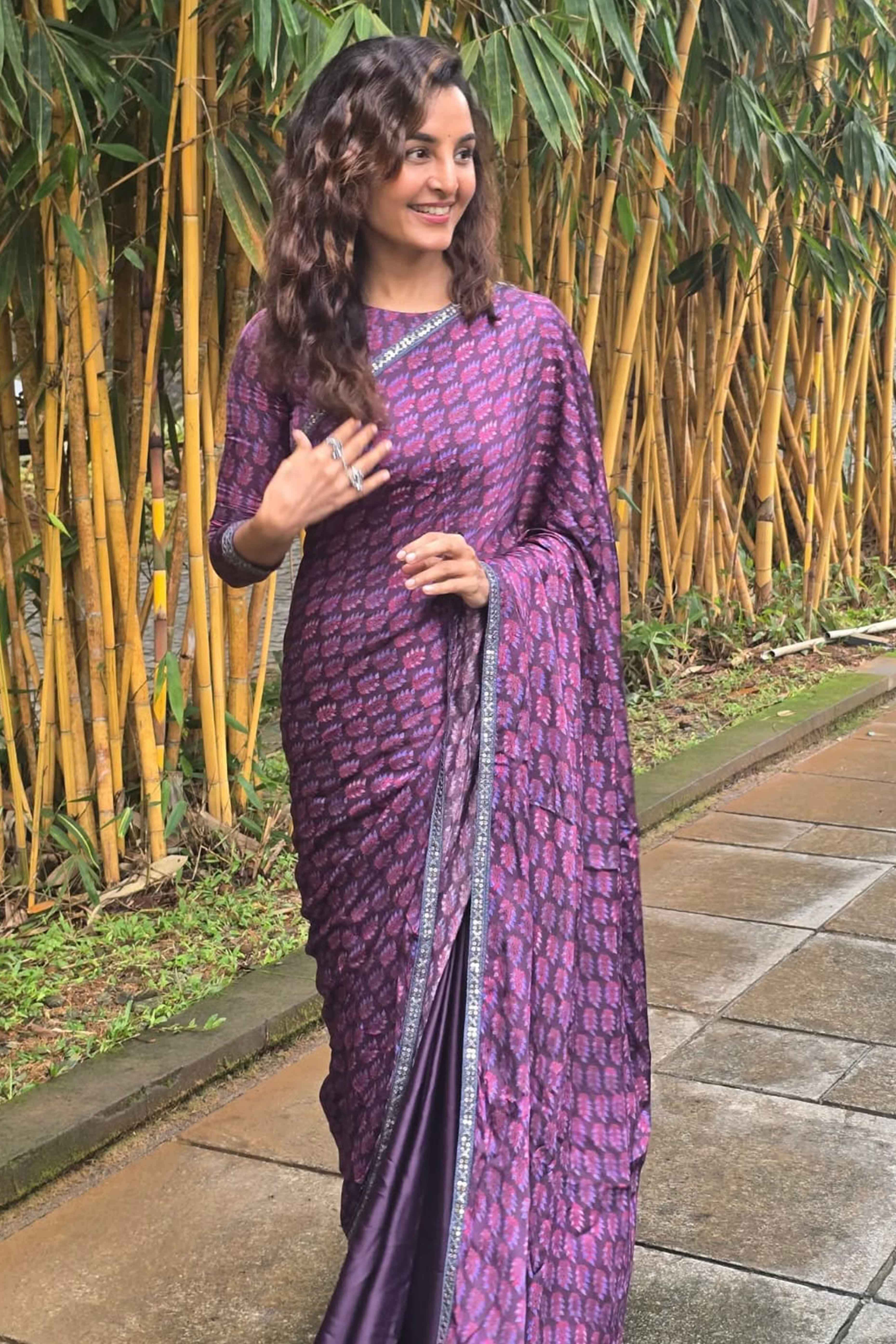 Floral Printed Purple Crepe Silk Saree with Delicate Sequins Border