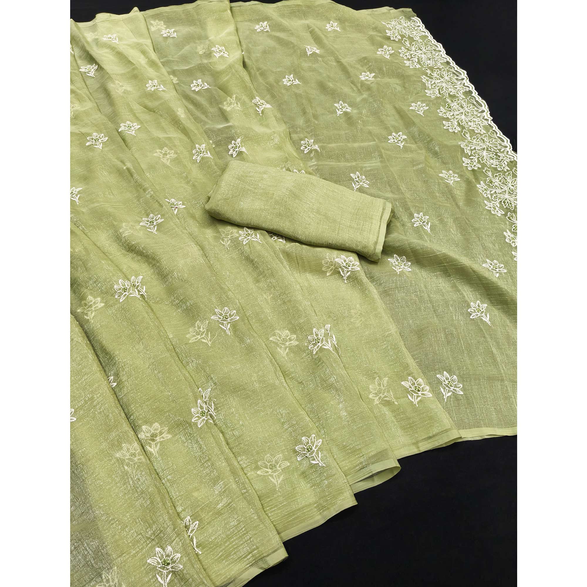 Timeless Green Floral Organza Saree with Embroidery for Parties
