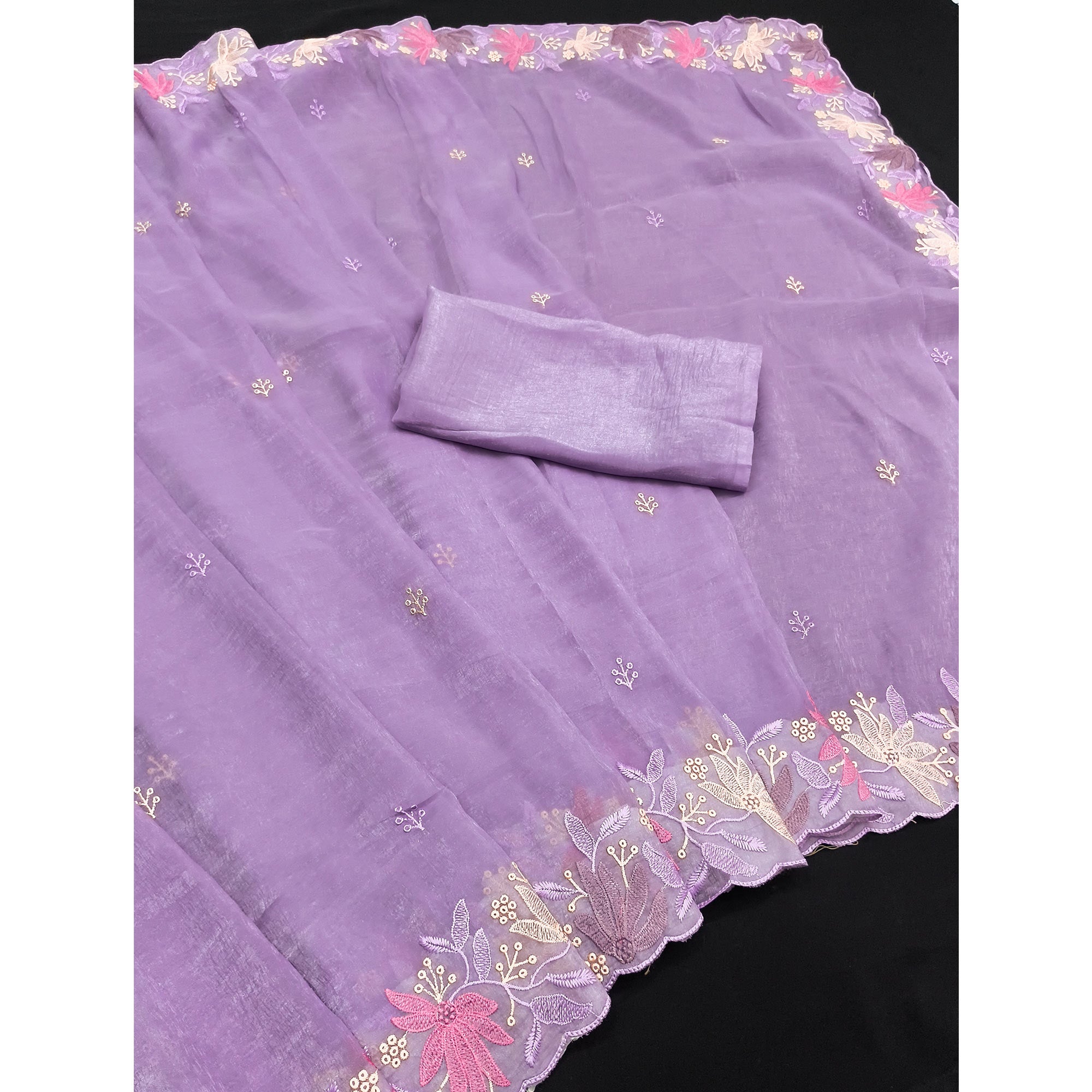 Lavender Organza Party Saree with Intricate Floral Embroidery