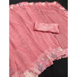 Peach Organza Party Saree with Intricate Floral Embroidery