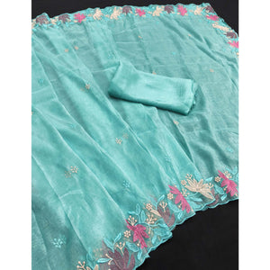 Turquoise Organza Party Saree with Intricate Floral Embroidery