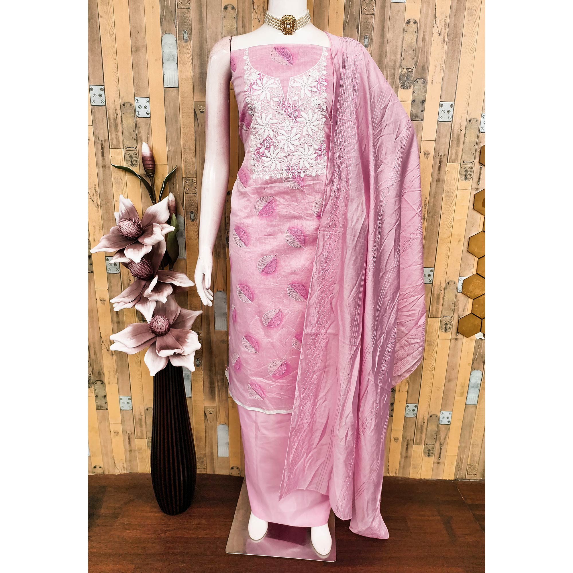 Pink Chanderi Cotton Dress Material Adorned With Floral Thread Embroidery & Sequins Work