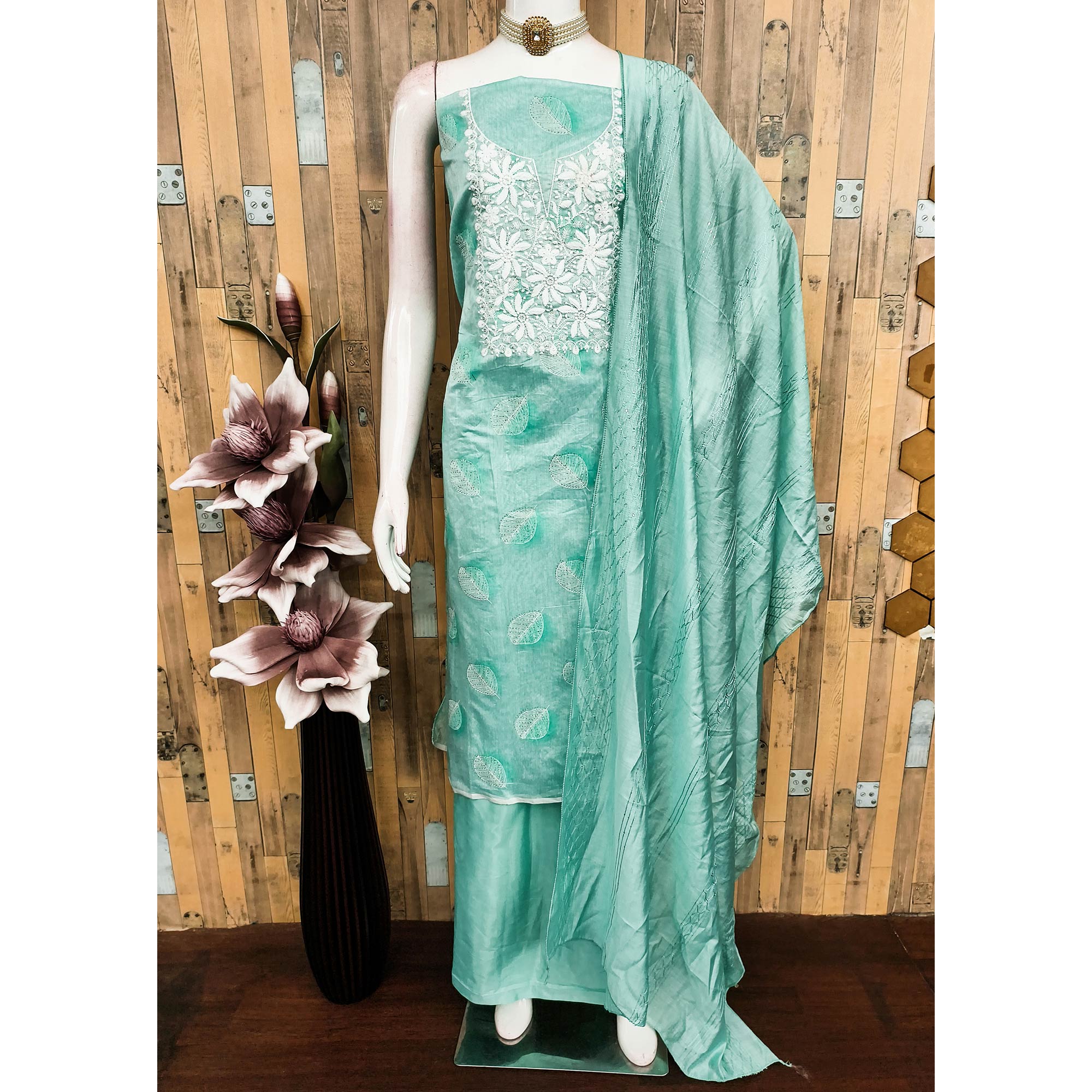 Turquoise Chanderi Cotton Dress Material Adorned With Floral Thread Embroidery & Sequins Work