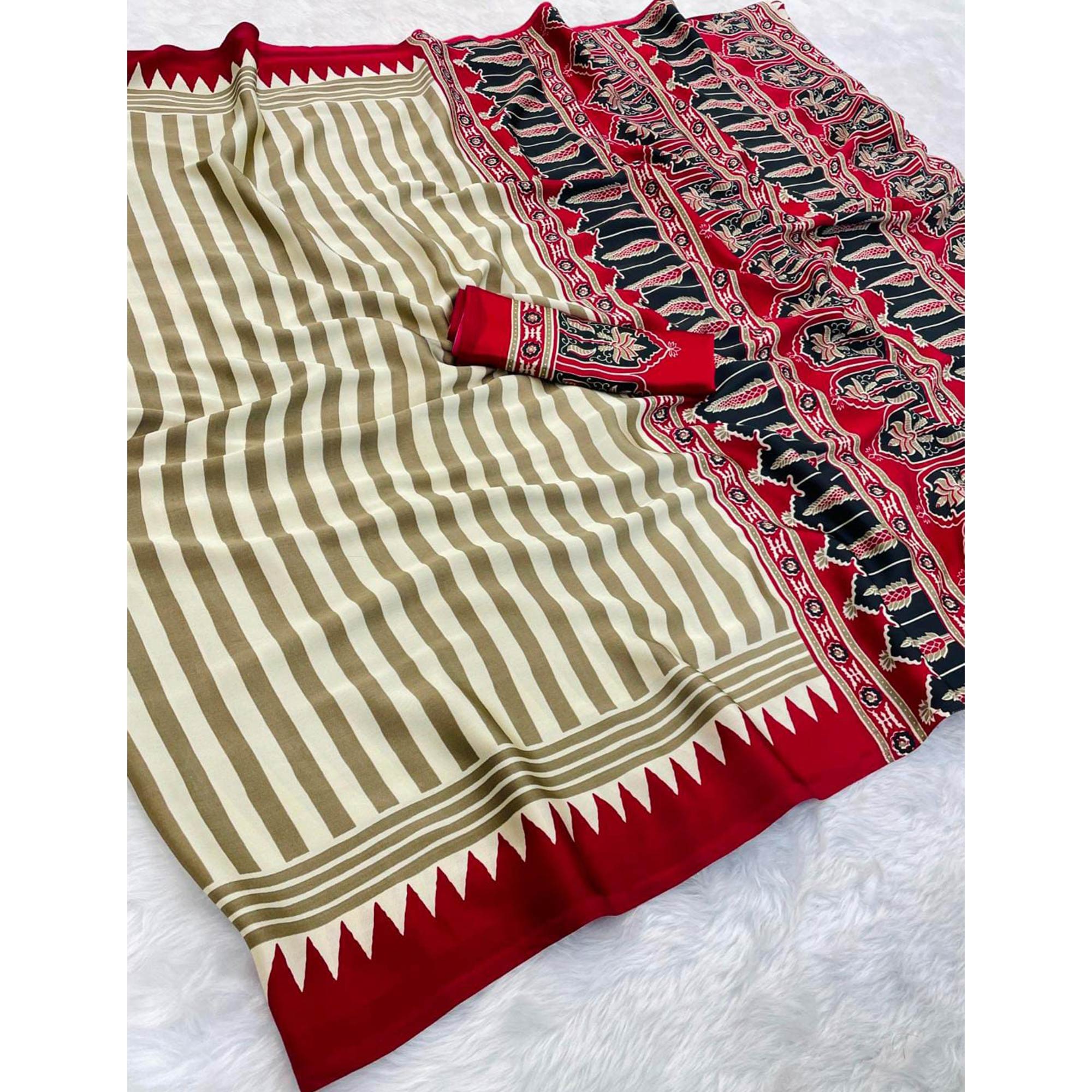 Timeless Chikoo & Red Crepe Silk Blend Saree Featuring Stylish Striped Print Work
