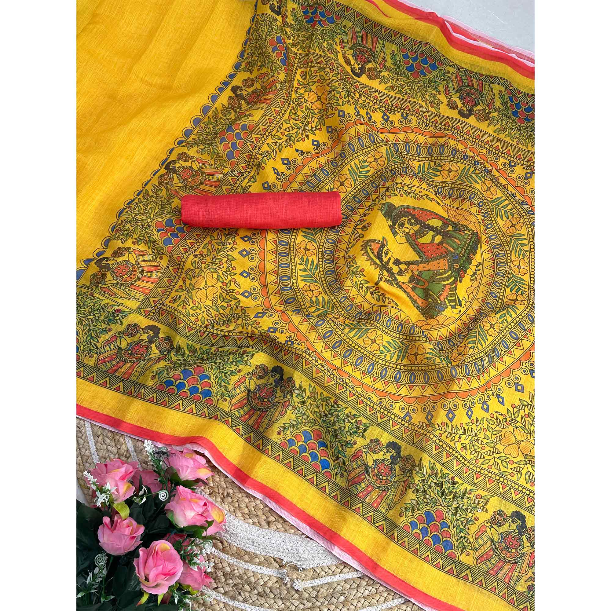Yellow Madhubani Motif Printed Linen Saree for Festive Wear