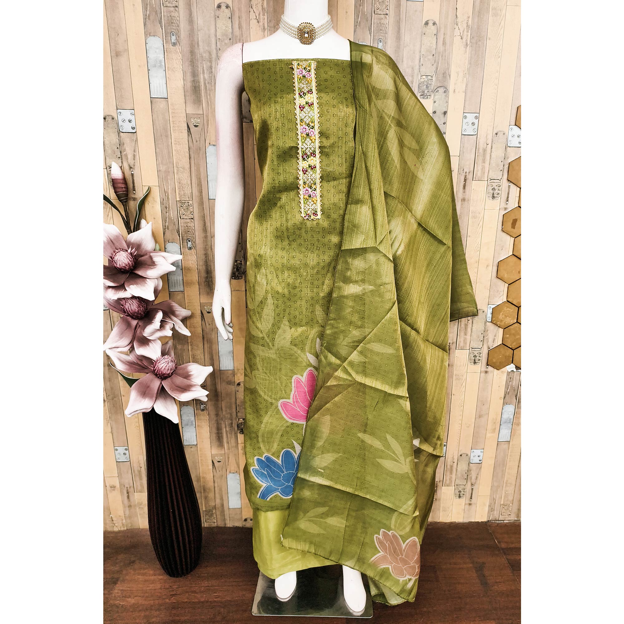 Green Floral Digital Printed Art Silk Dress Material With Sparkling Sequins Embroidery