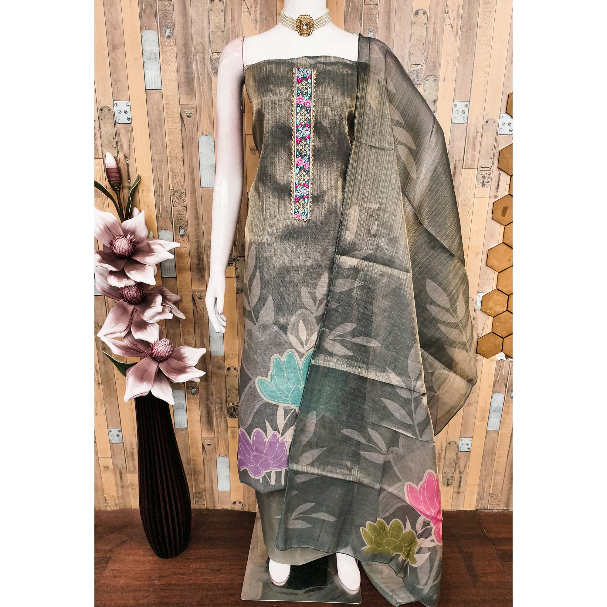 Grey Floral Digital Printed Art Silk Dress Material With Sparkling Sequins Embroidery