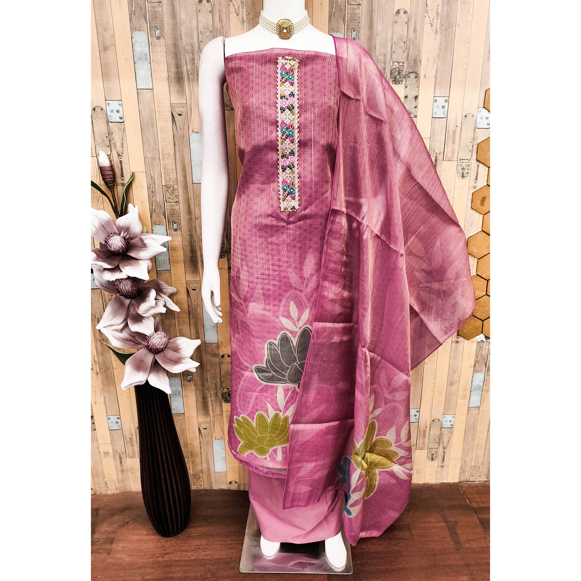 Pink Floral Digital Printed Art Silk Dress Material With Sparkling Sequins Embroidery
