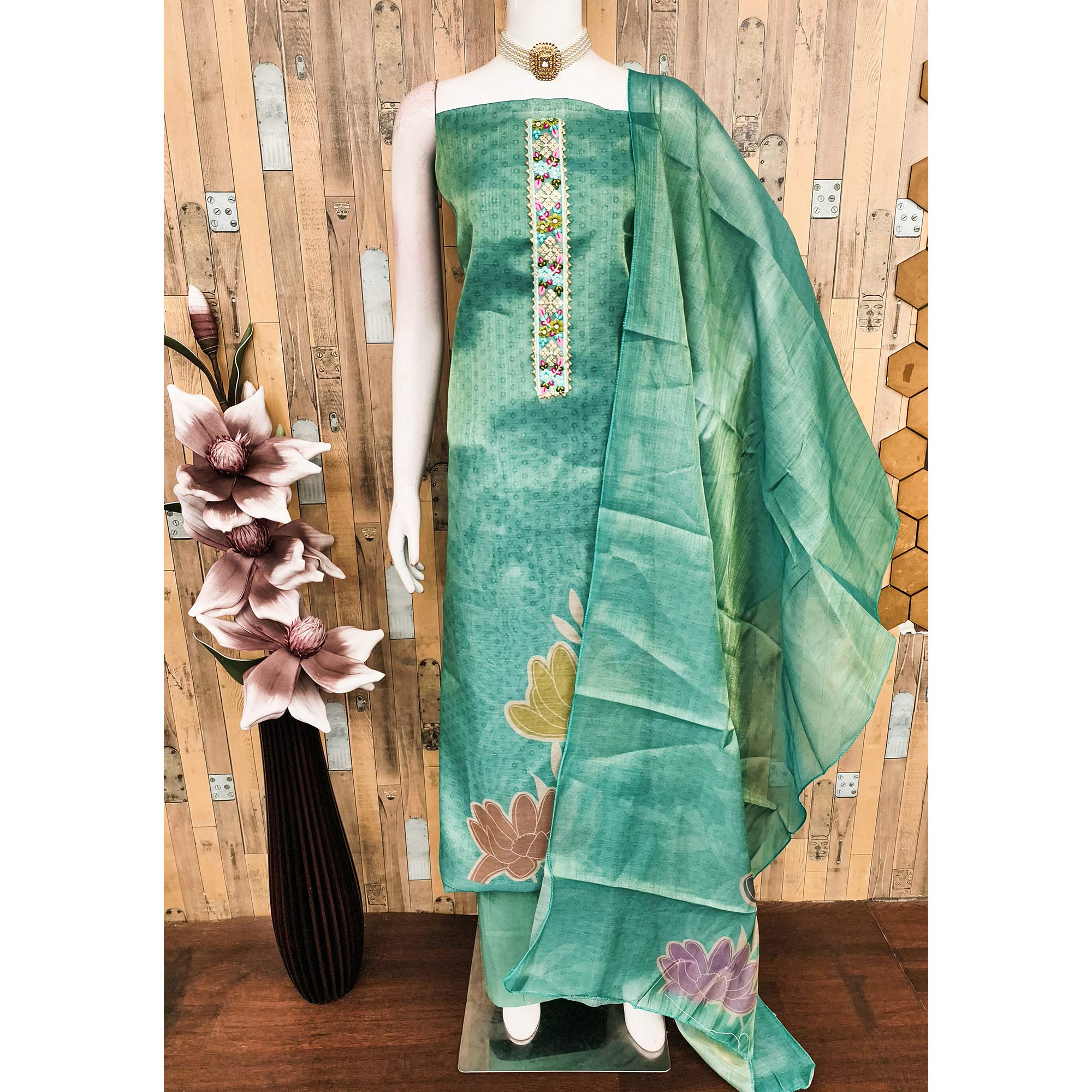 Turquoise Floral Digital Printed Art Silk Dress Material With Sparkling Sequins Embroidery