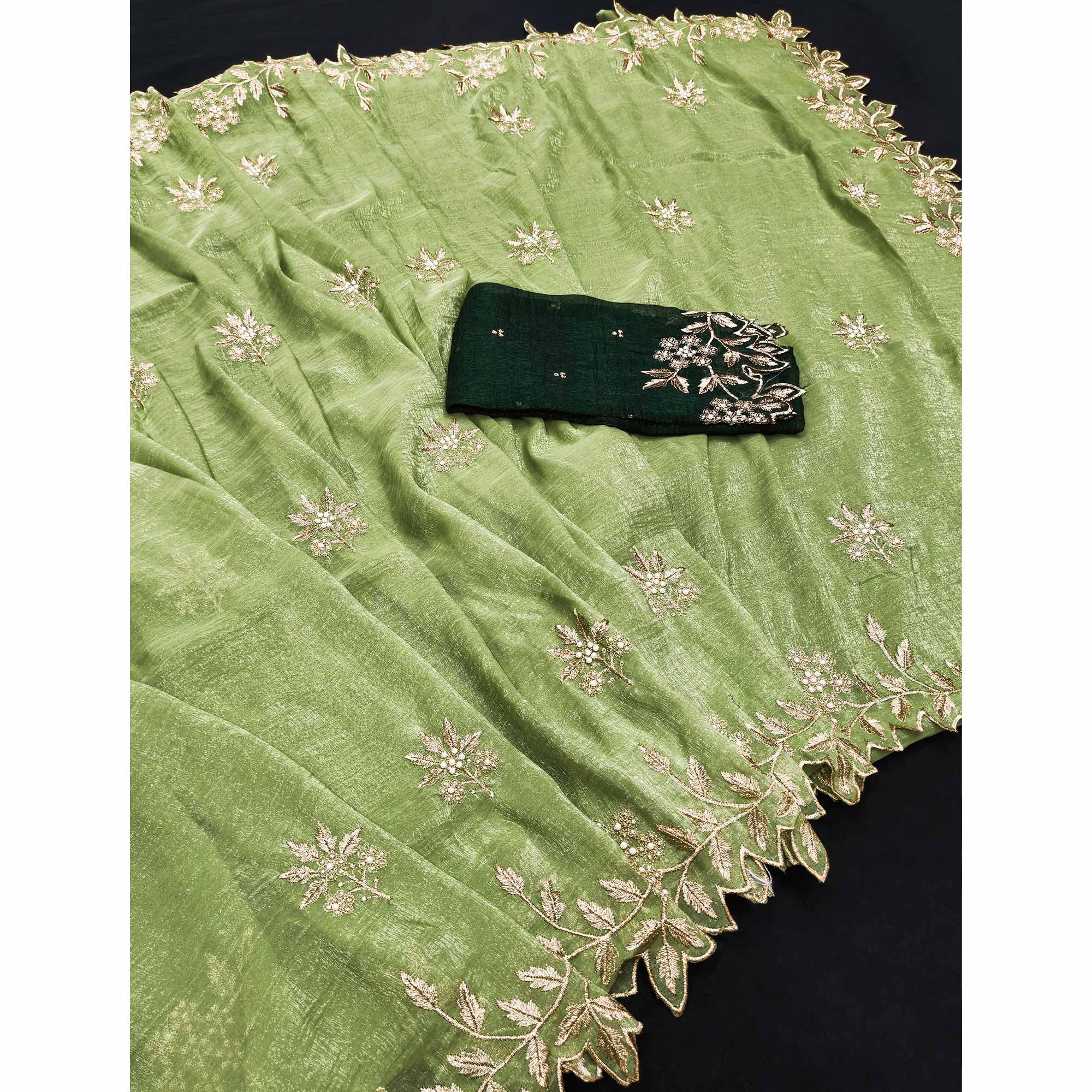 Regal Green Chiffon Saree Adorned with Intricate Golden Embroidery