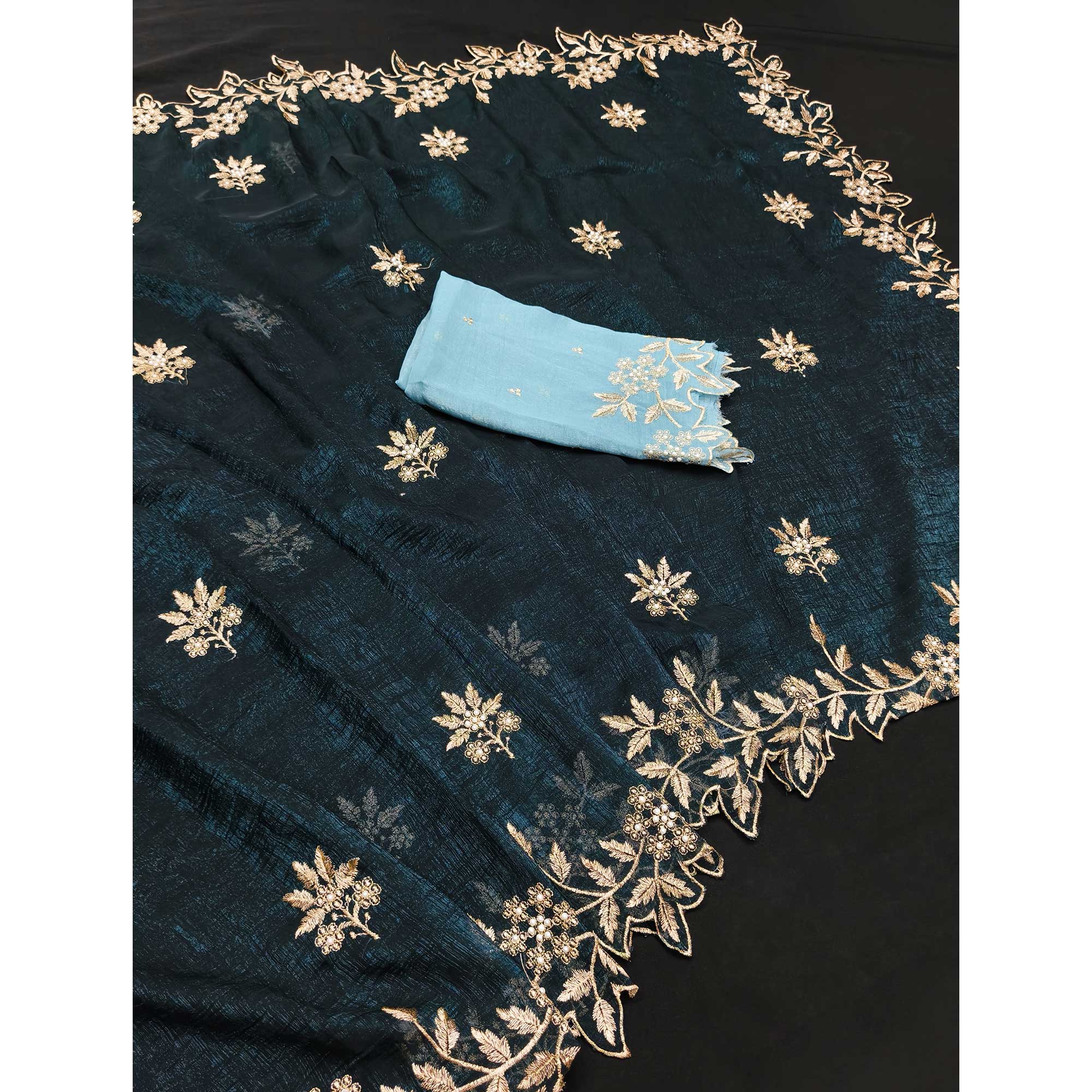 Regal Morpich Blue Chiffon Saree Adorned with Intricate Golden Embroidery