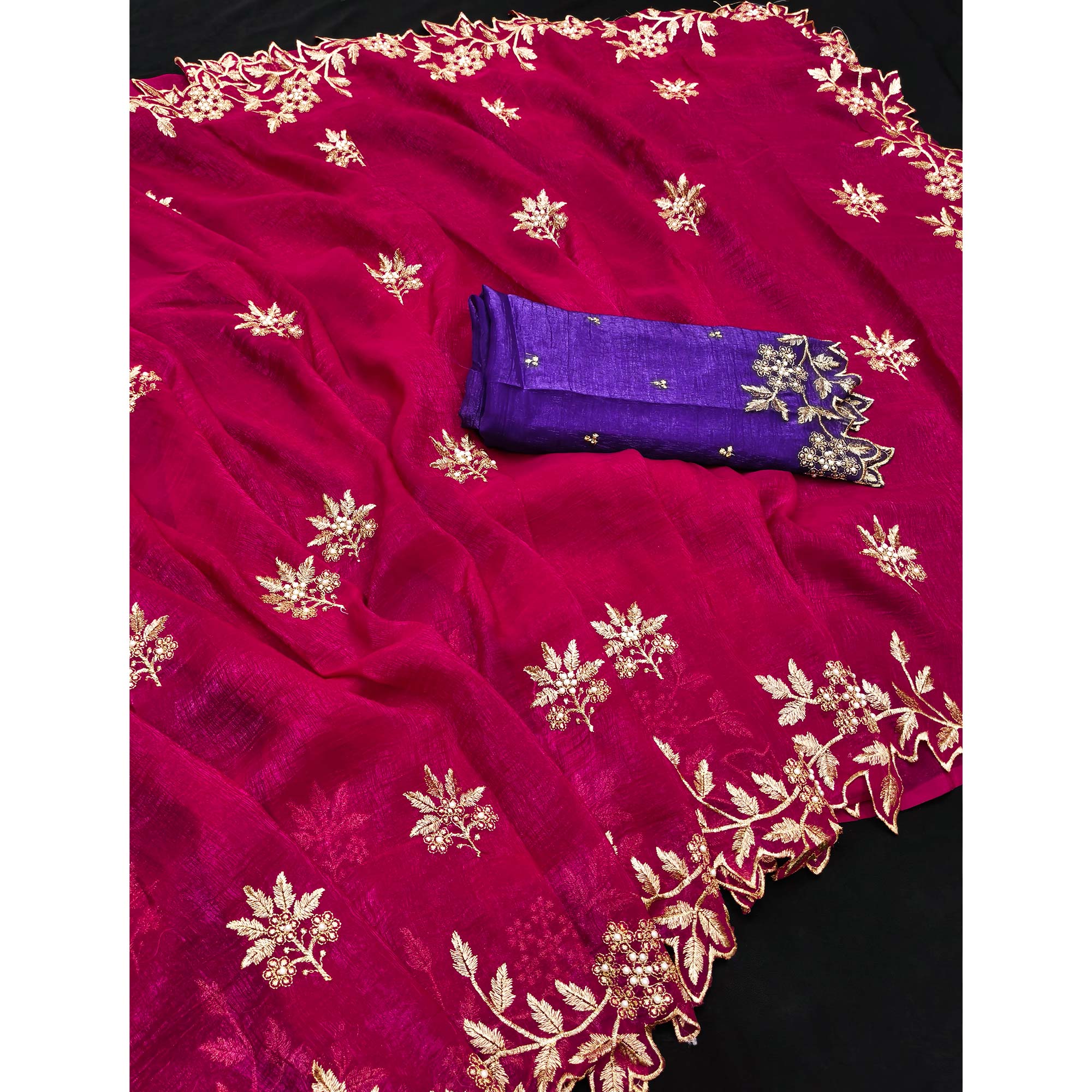 Regal Rani Pink Chiffon Saree Adorned with Intricate Golden Embroidery