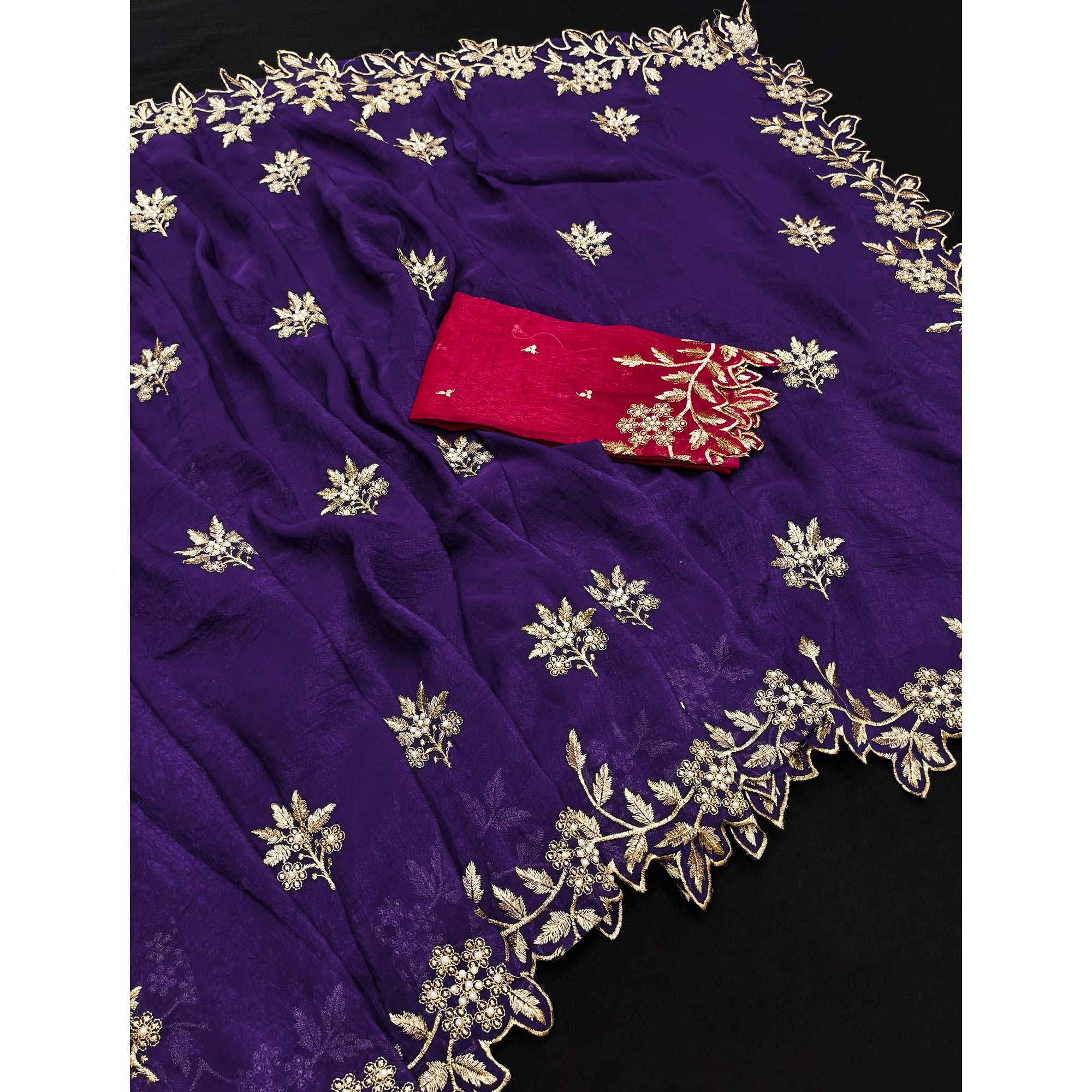 Regal Violet Chiffon Saree Adorned with Intricate Golden Embroidery