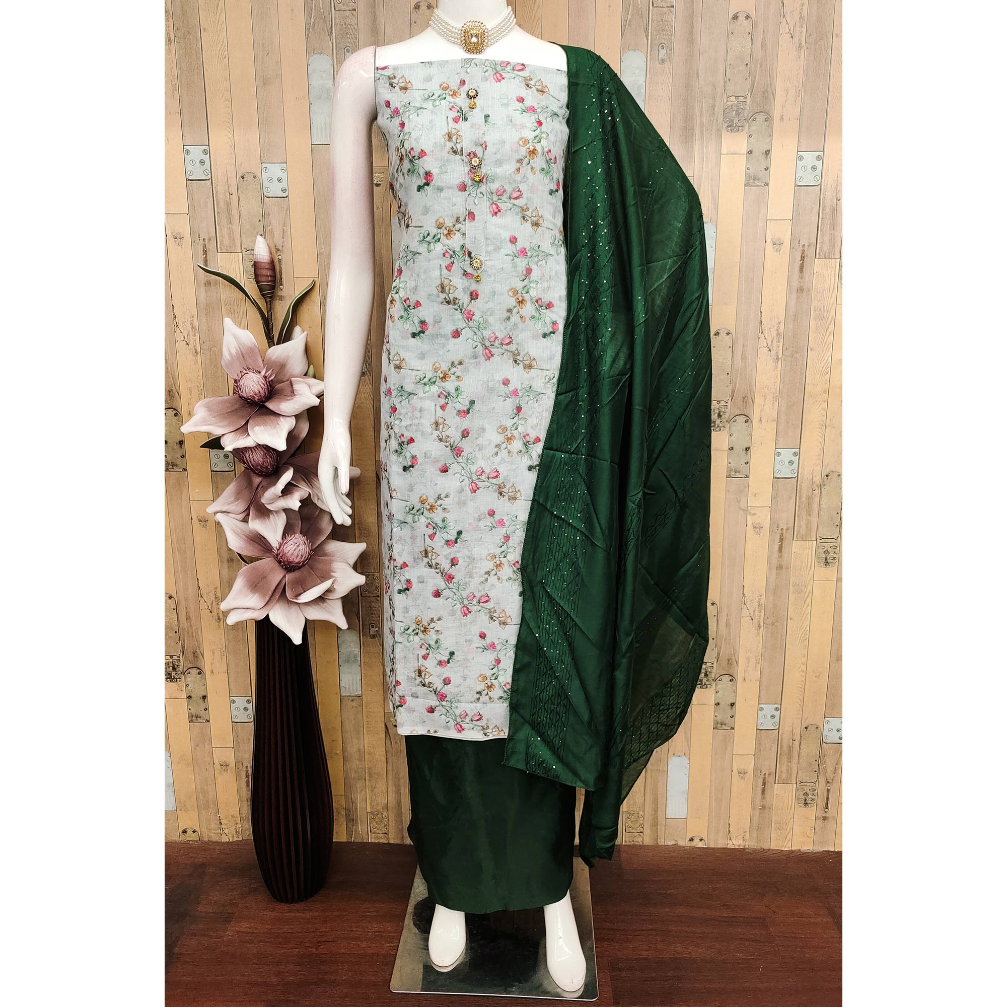 Graceful Light Grey Floral Printed Linen Dress Material Perfect for Summer Outfits