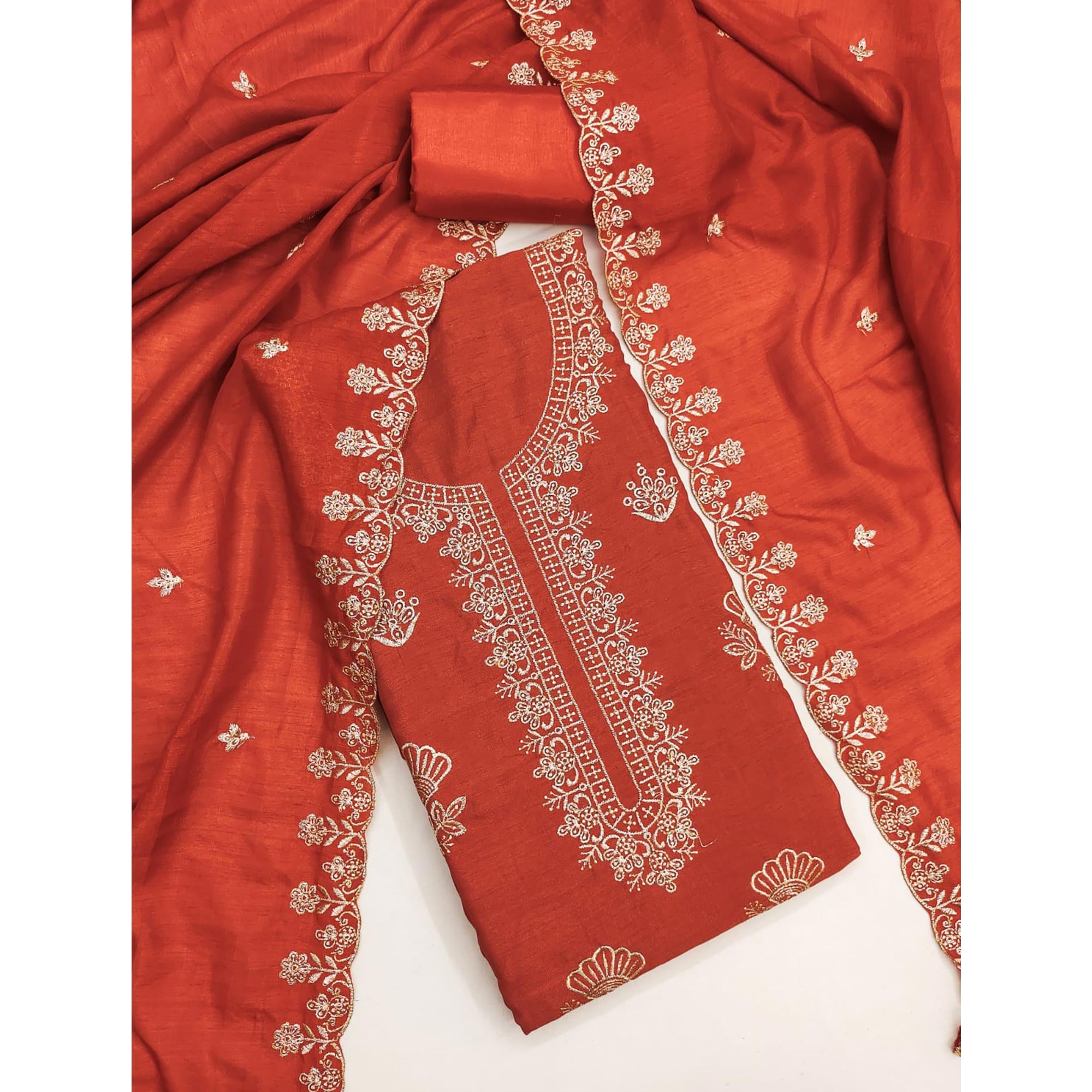 Orange Thread Embroidered Vichitra Silk Dress Material Perfect for Party & Festive Wear
