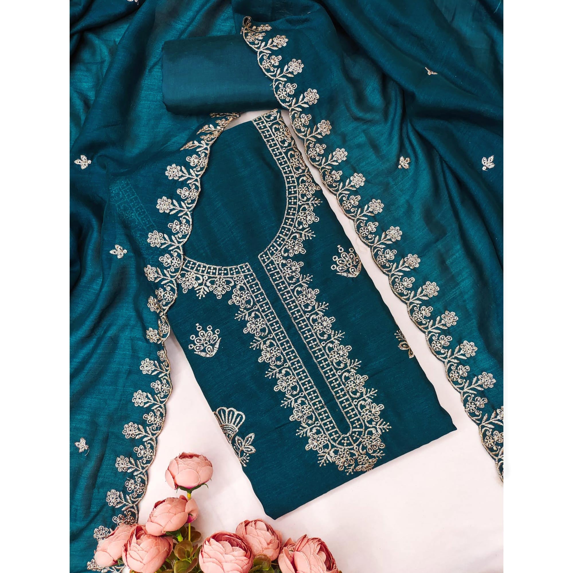 Teal Thread Embroidered Vichitra Silk Dress Material Perfect for Party & Festive Wear