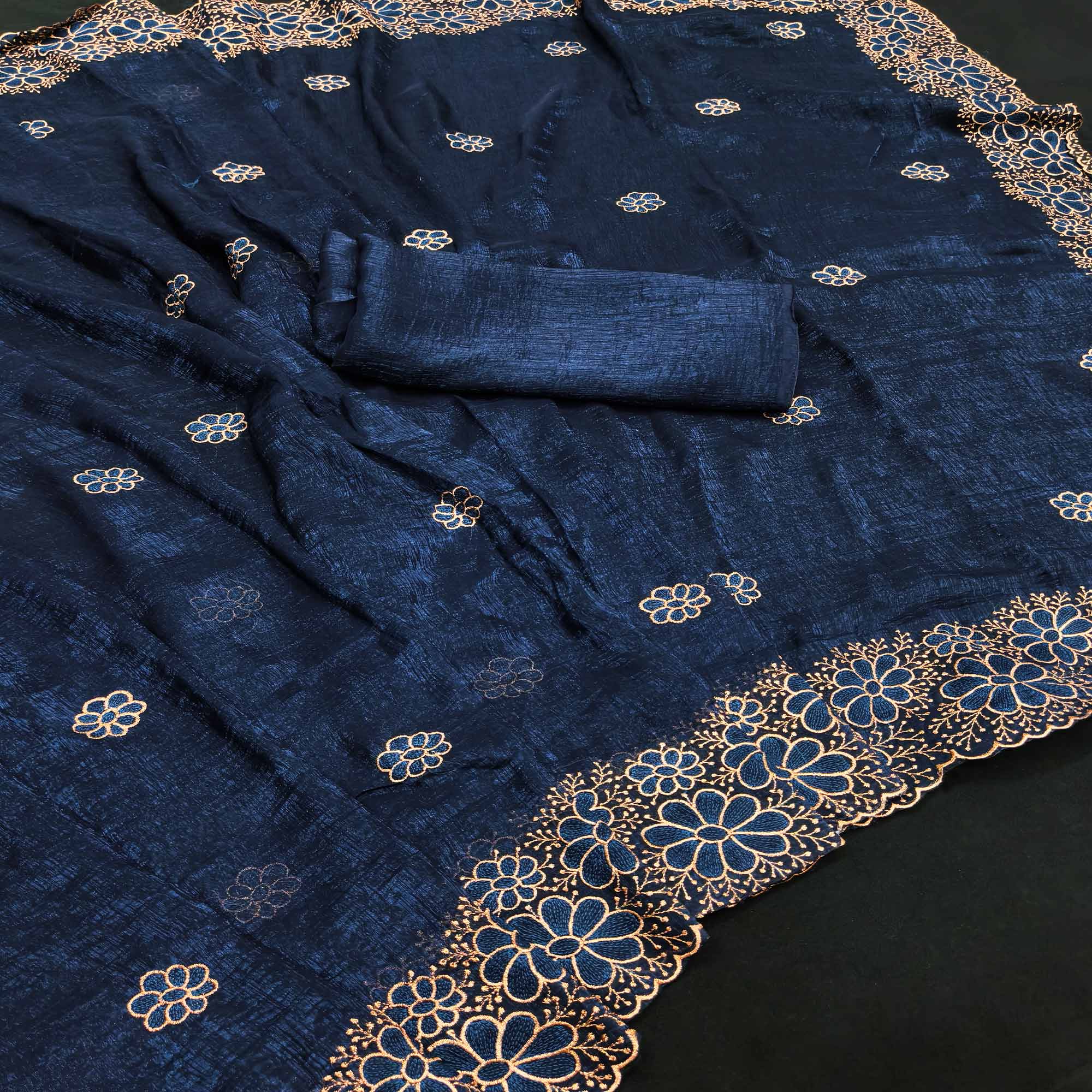 Blue Partywear Saree in Soft Chiffon with Intricate Floral Embroidery