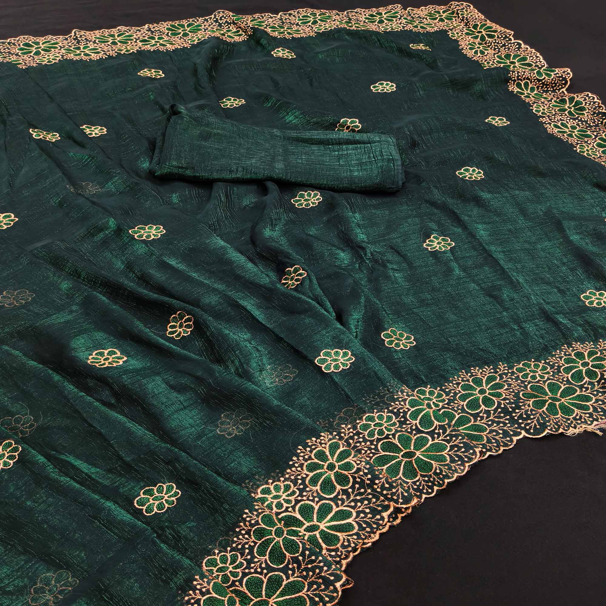 Green Partywear Saree in Soft Chiffon with Intricate Floral Embroidery