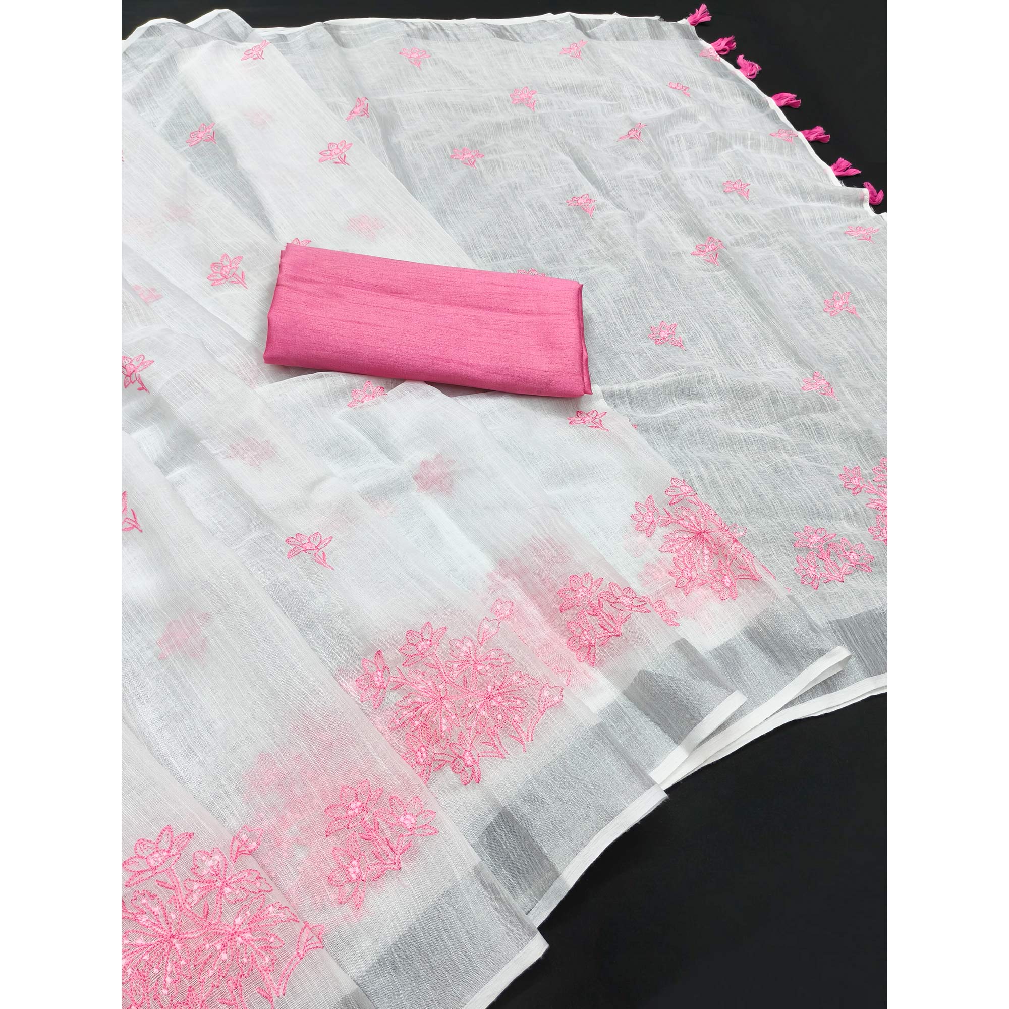 White & Baby pink Floral Embroidered Linen Saree Perfect for Festive Occasions