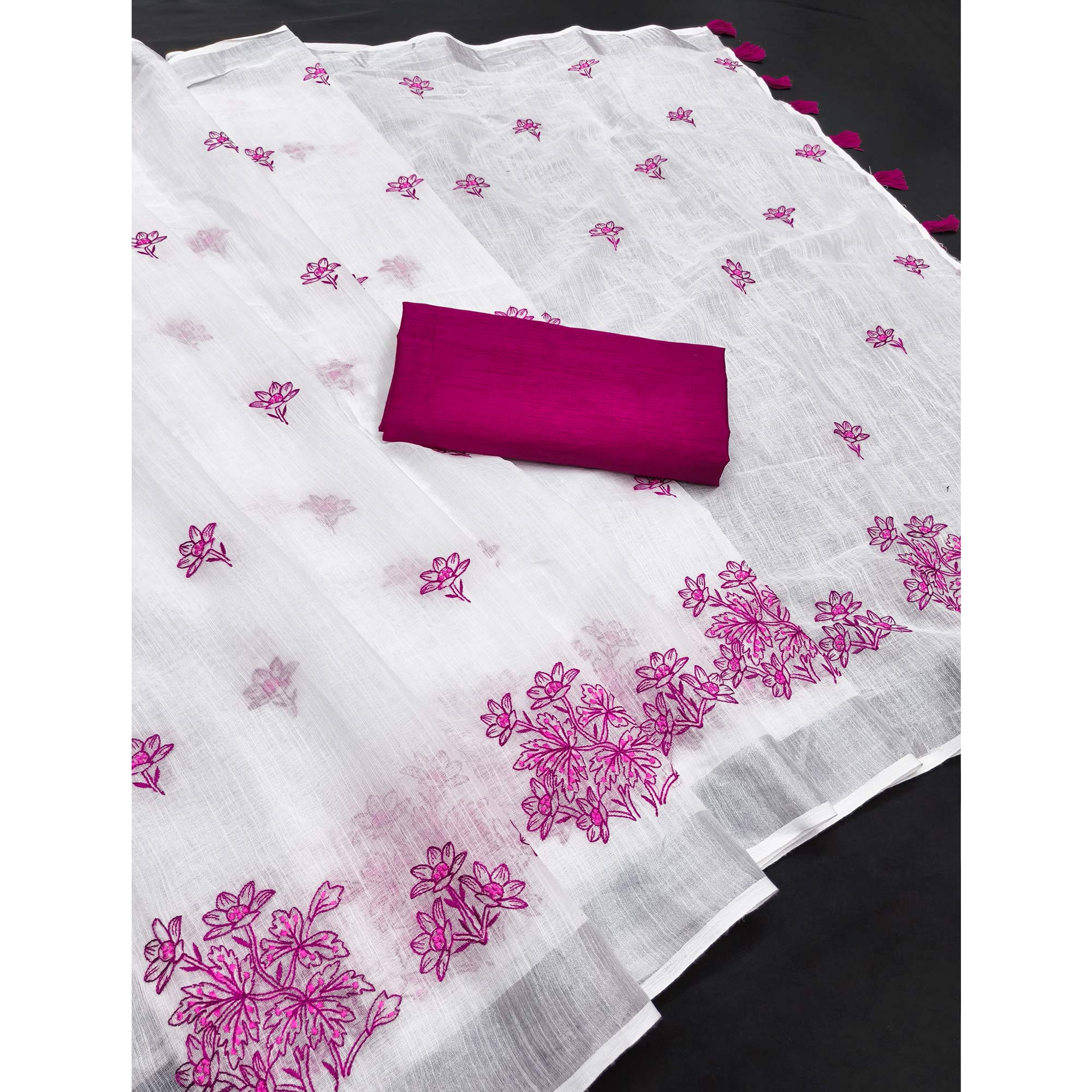 White & Pink Floral Embroidered Linen Saree Perfect for Festive Occasions