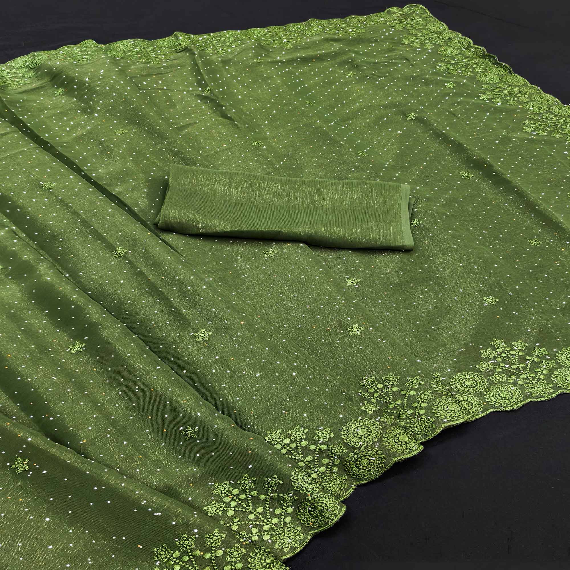 Green Chiffon Saree Featuring Delicate Floral Embroidery & Shimmering Stone Work