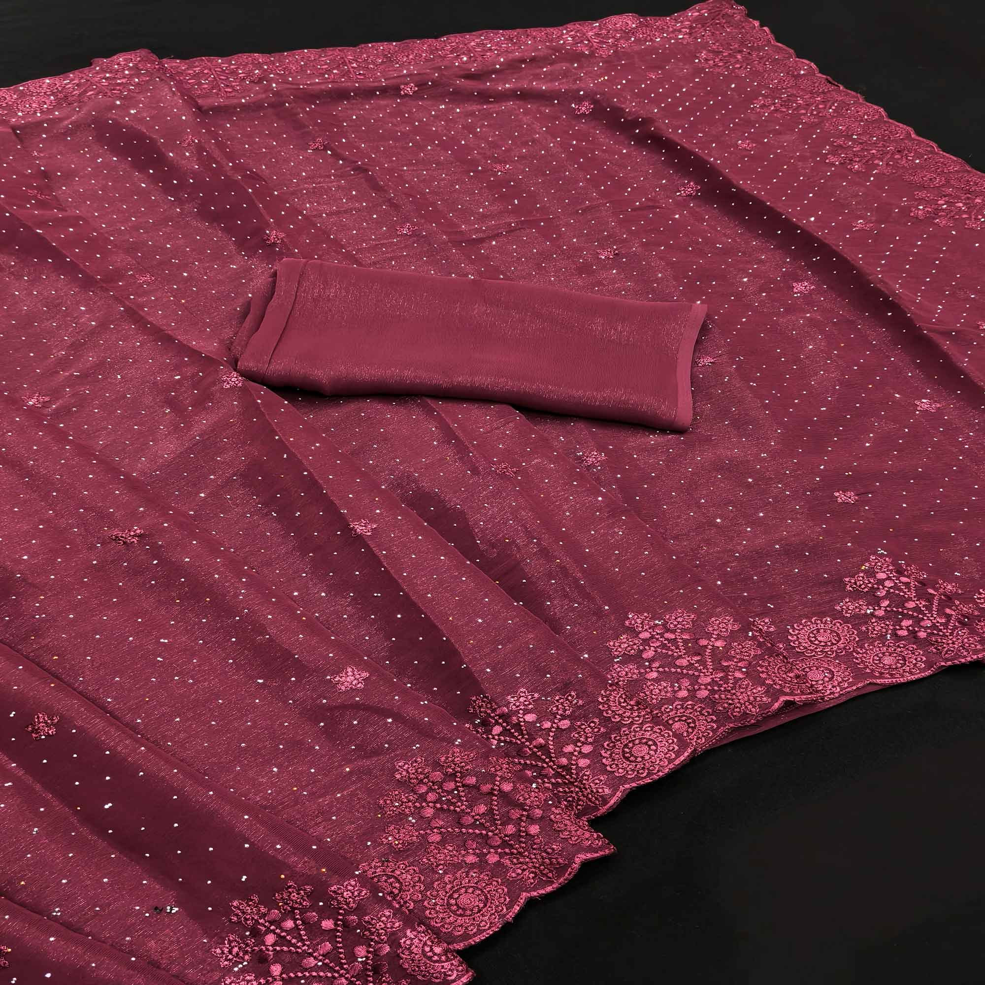 Wine Chiffon Saree Featuring Delicate Floral Embroidery & Shimmering Stone Work