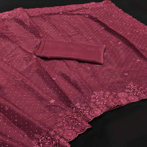 Wine Chiffon Saree Featuring Delicate Floral Embroidery & Shimmering Stone Work