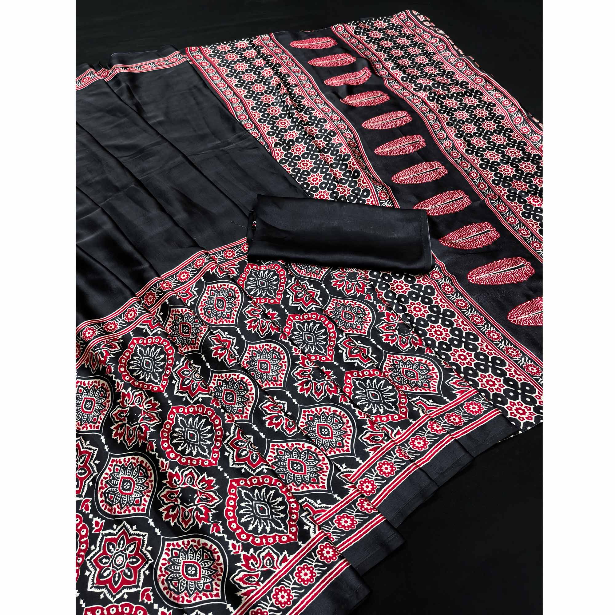 Heritage Inspired Black Crepe Silk Saree Featuring Ajrakh Block Print