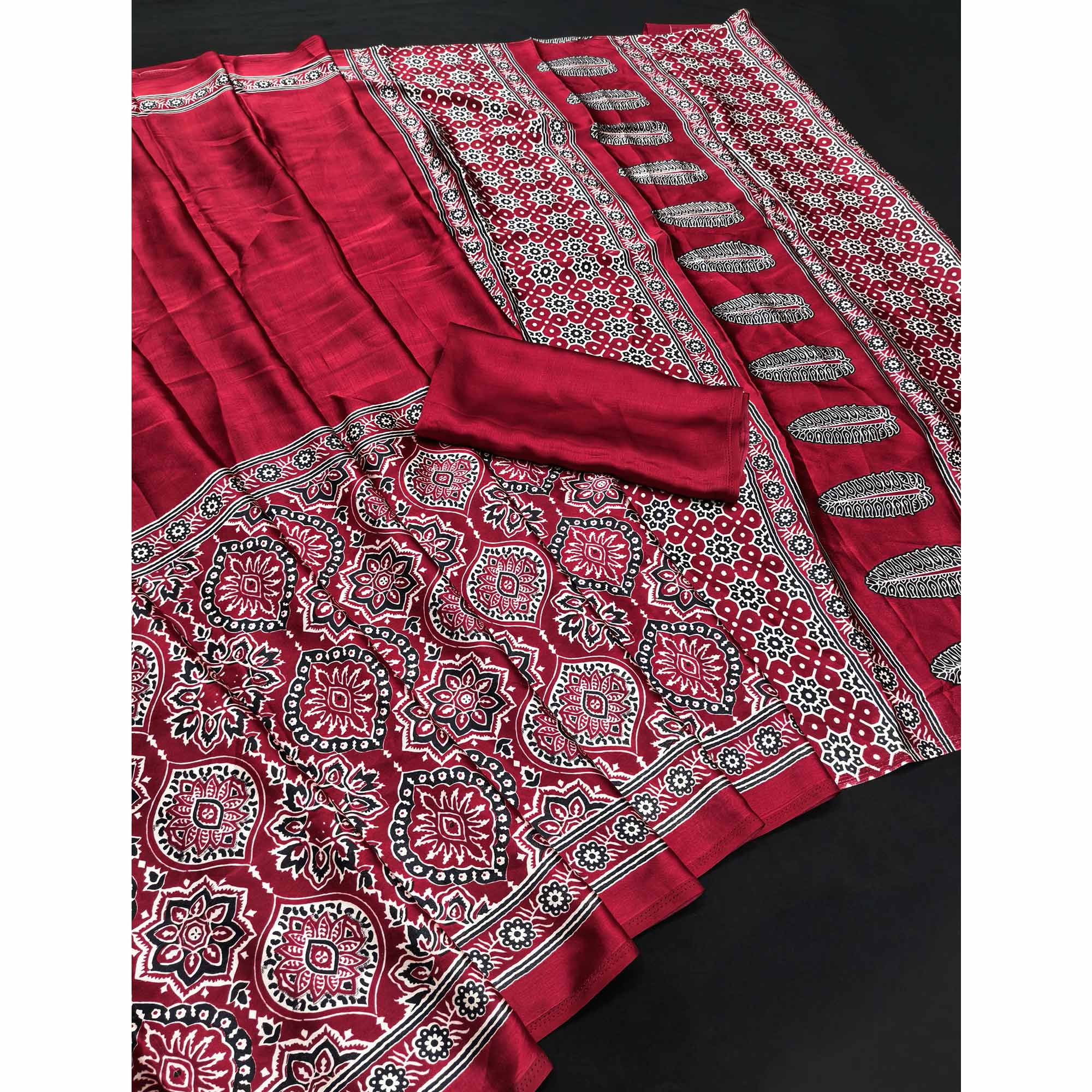 Heritage Inspired Maroon Crepe Silk Saree Featuring Ajrakh Block Print