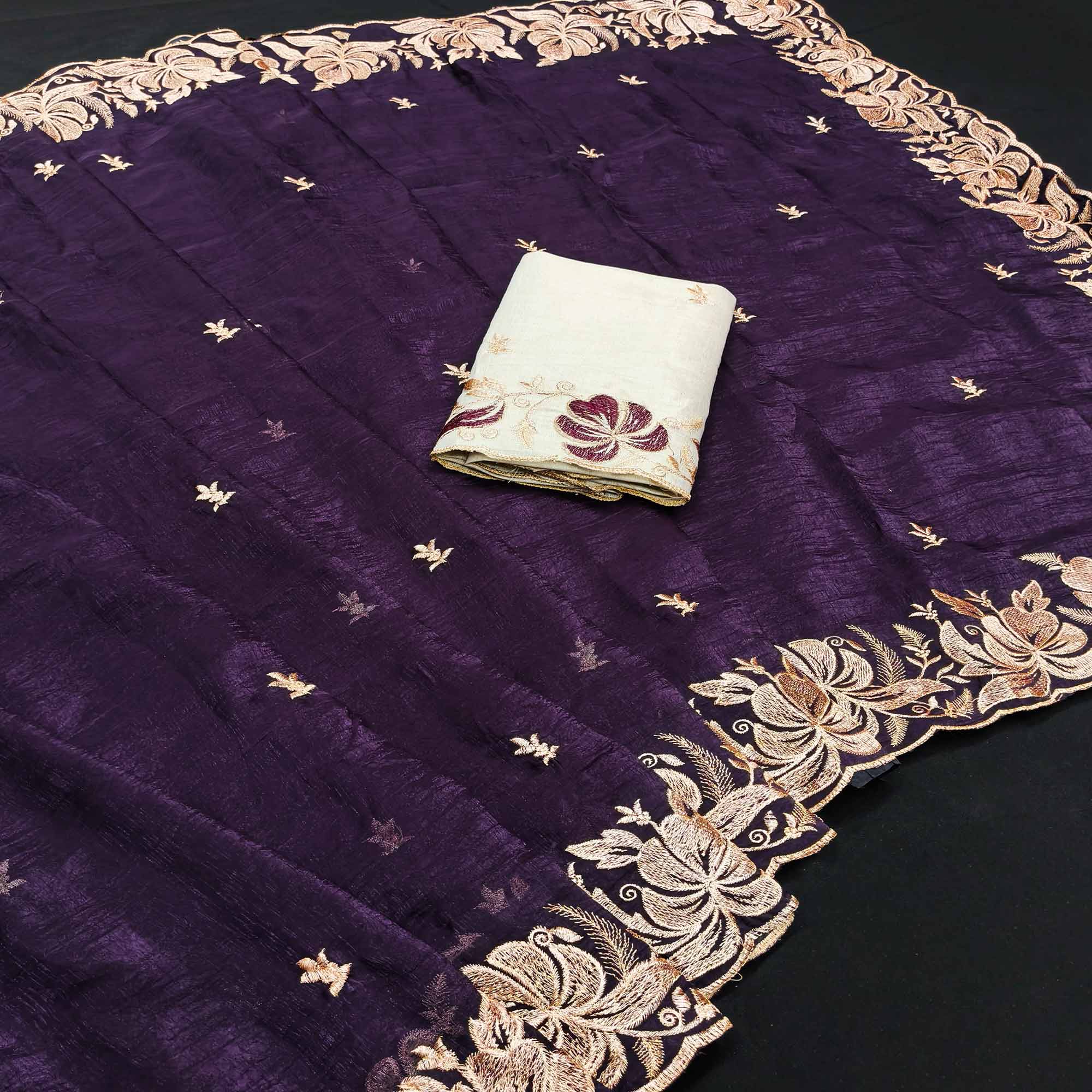 Deep Purple Golden Thread Embroidered Chiffon Saree for Elegant Evening & Celebration Styling
