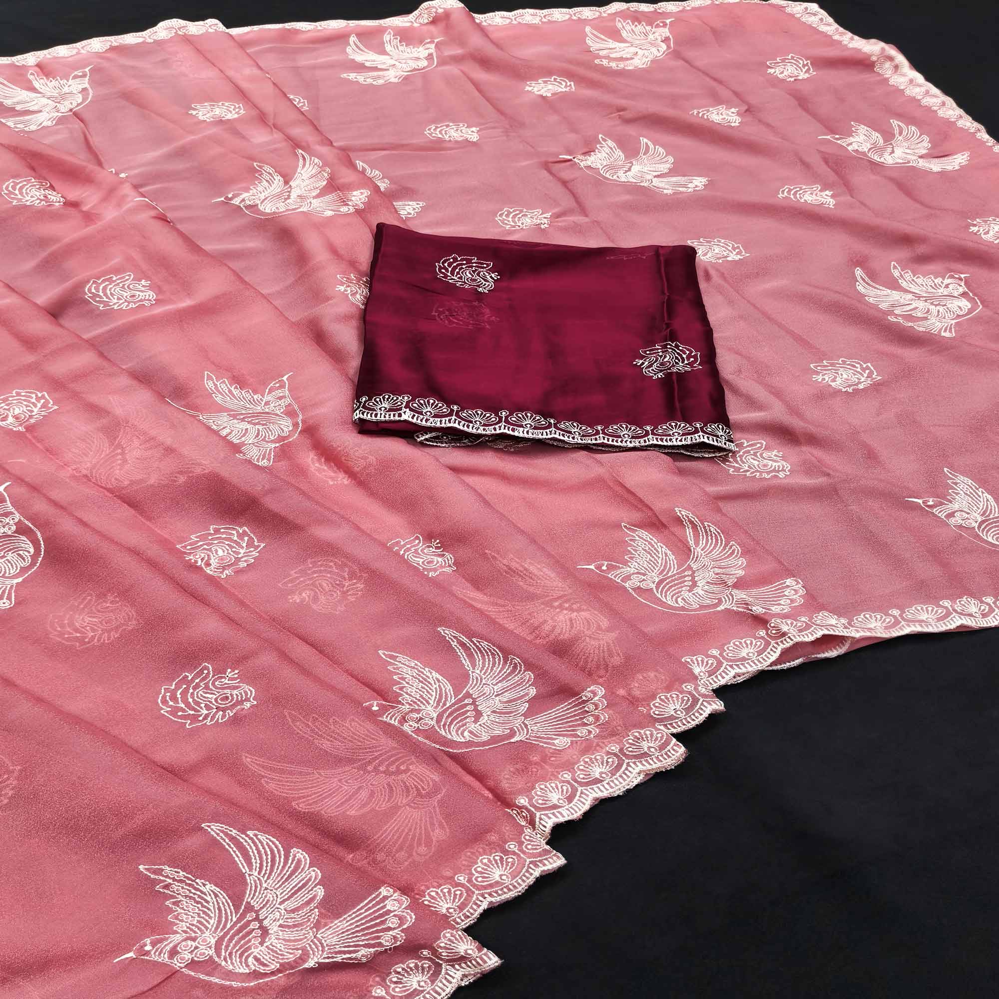 Lightweight Chiffon Saree in Dusty Pink with Exquisite Thread Embroidered Detailing