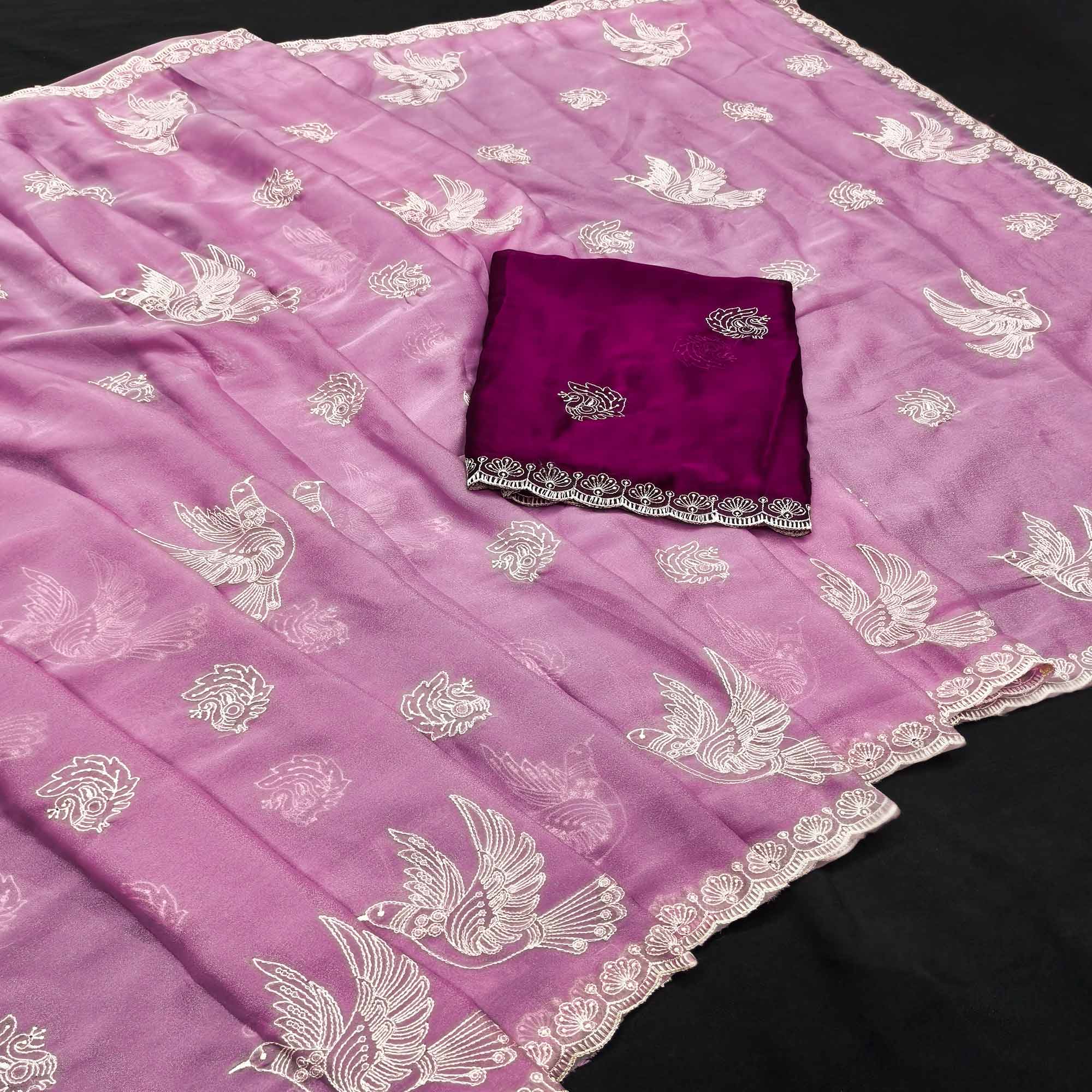Lightweight Chiffon Saree in Light Purple with Exquisite Thread Embroidered Detailing