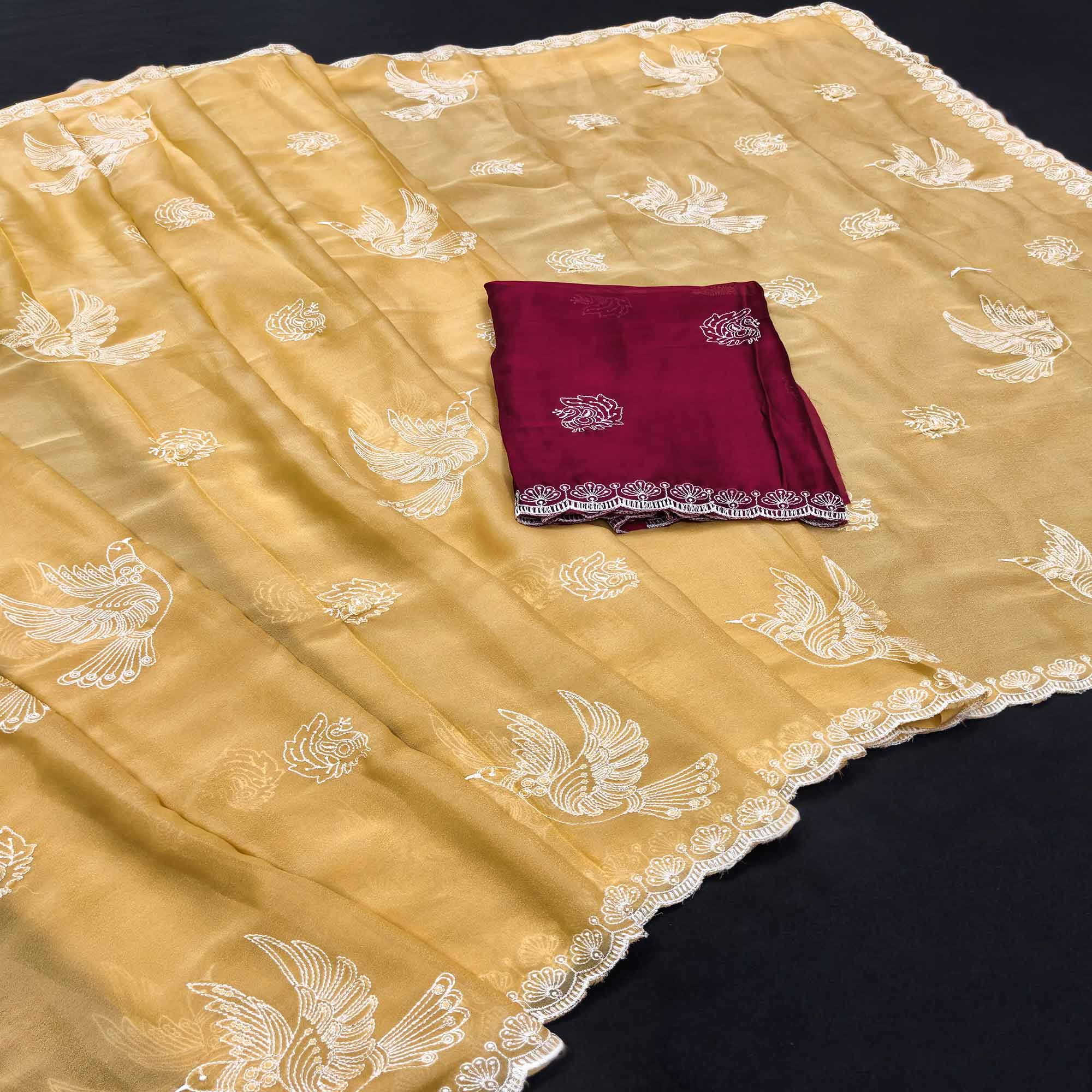 Lightweight Chiffon Saree in Yellow with Exquisite Thread Embroidered Detailing