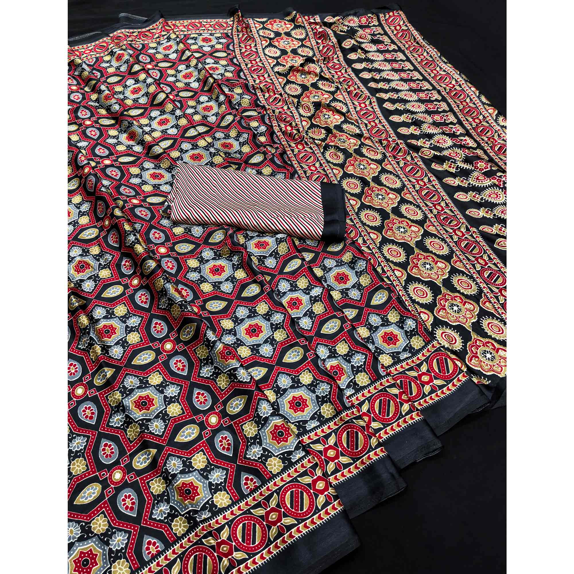 Modern Style Black Ajrakh Printed Crepe Silk Saree for Elegant Party Occasions