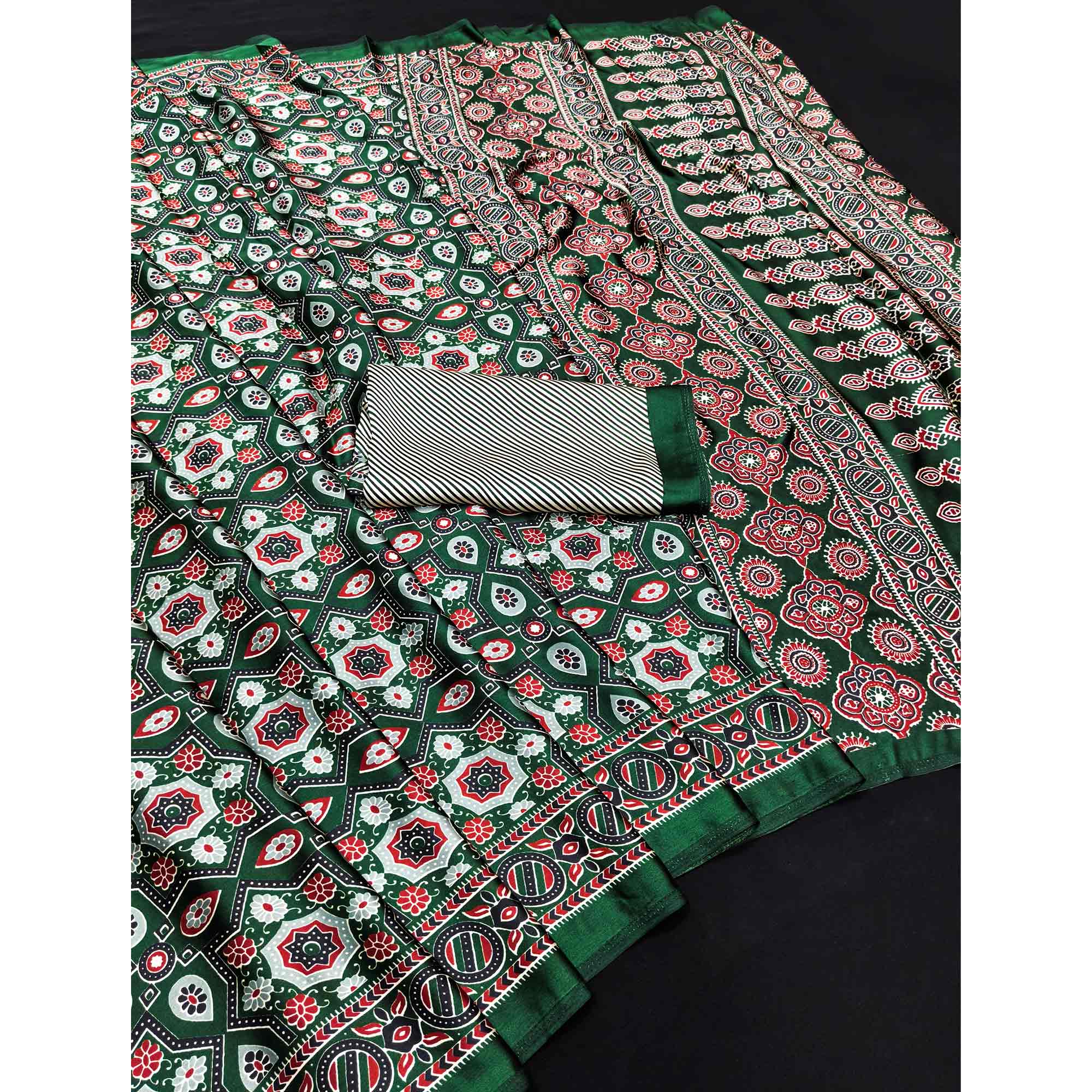 Modern Style Green Ajrakh Printed Crepe Silk Saree for Elegant Party Occasions