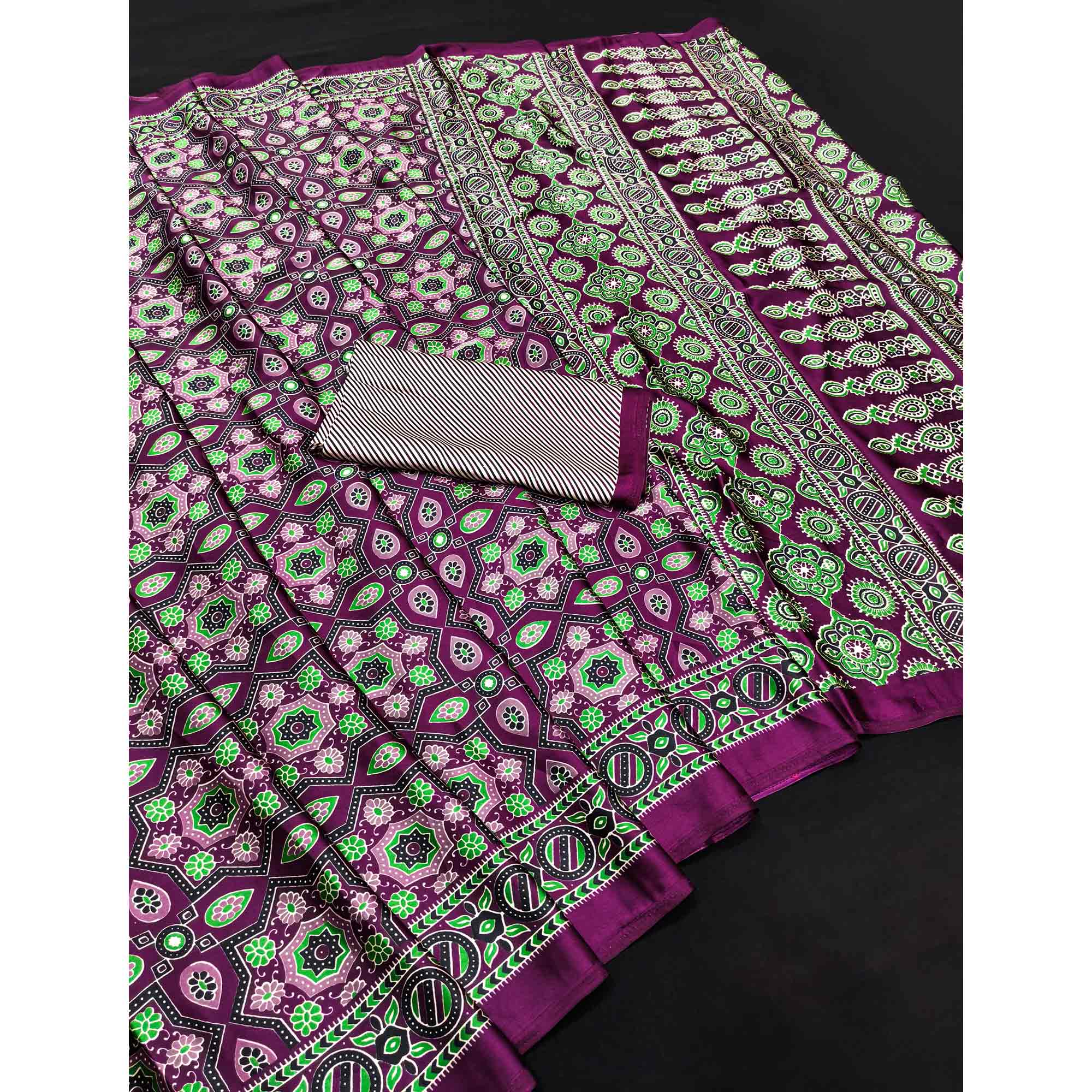 Modern Style Magenta Ajrakh Printed Crepe Silk Saree for Elegant Party Occasions