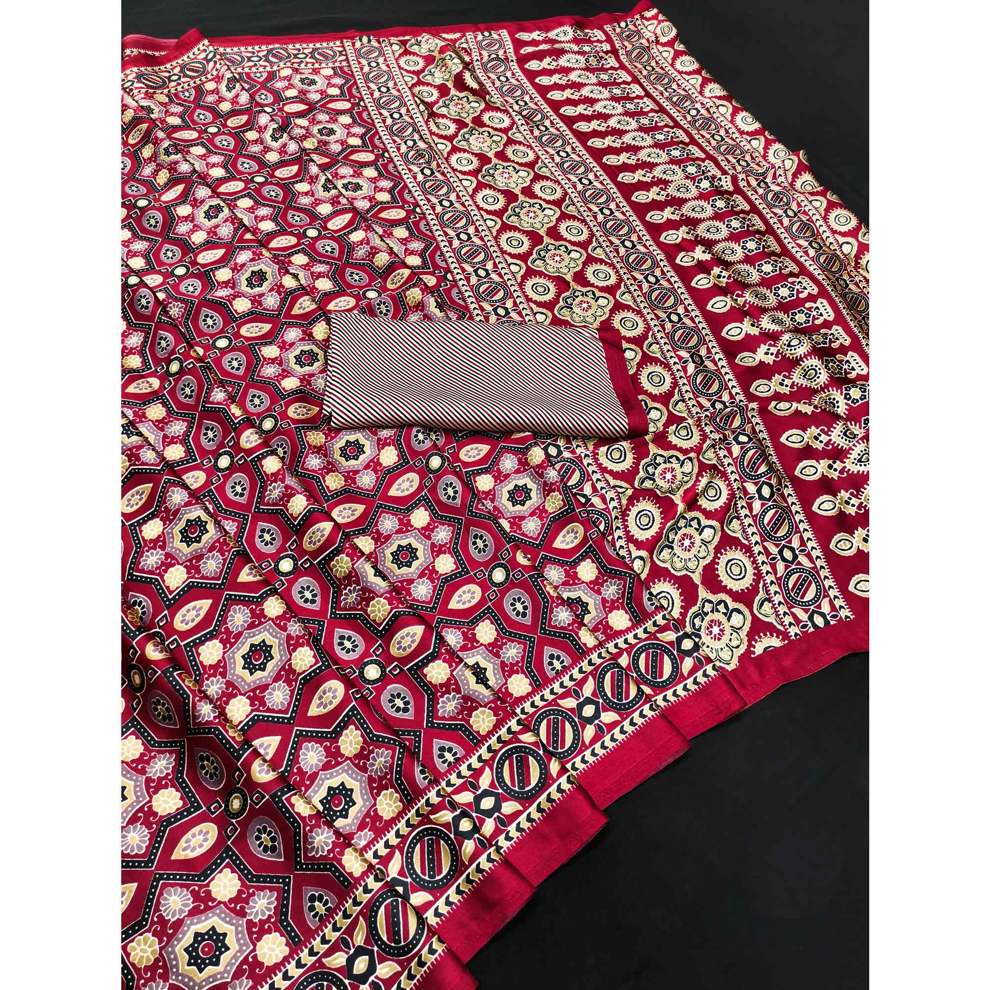 Modern Style Maroon Ajrakh Printed Crepe Silk Saree for Elegant Party Occasions
