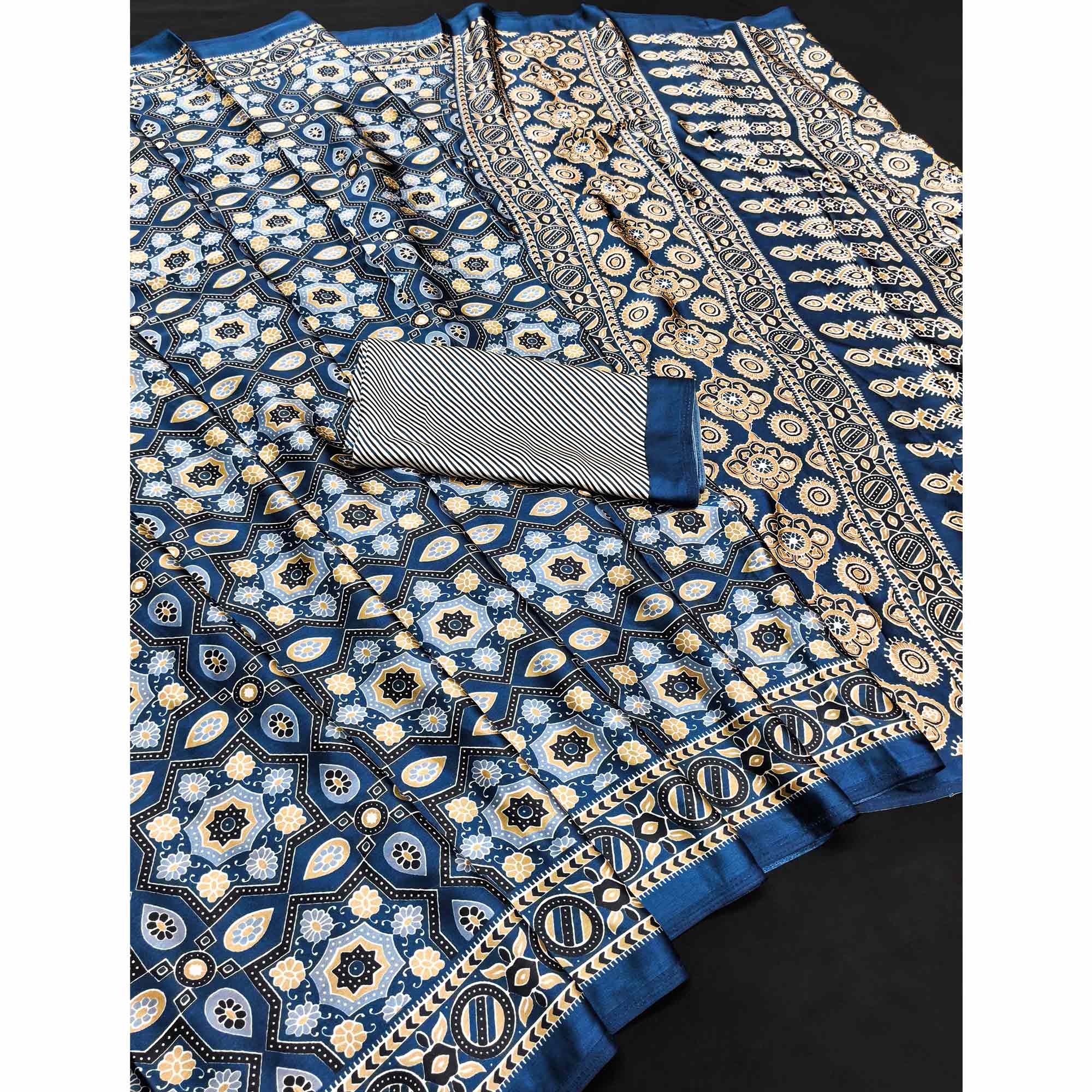 Modern Style Teal Ajrakh Printed Crepe Silk Saree for Elegant Party Occasions