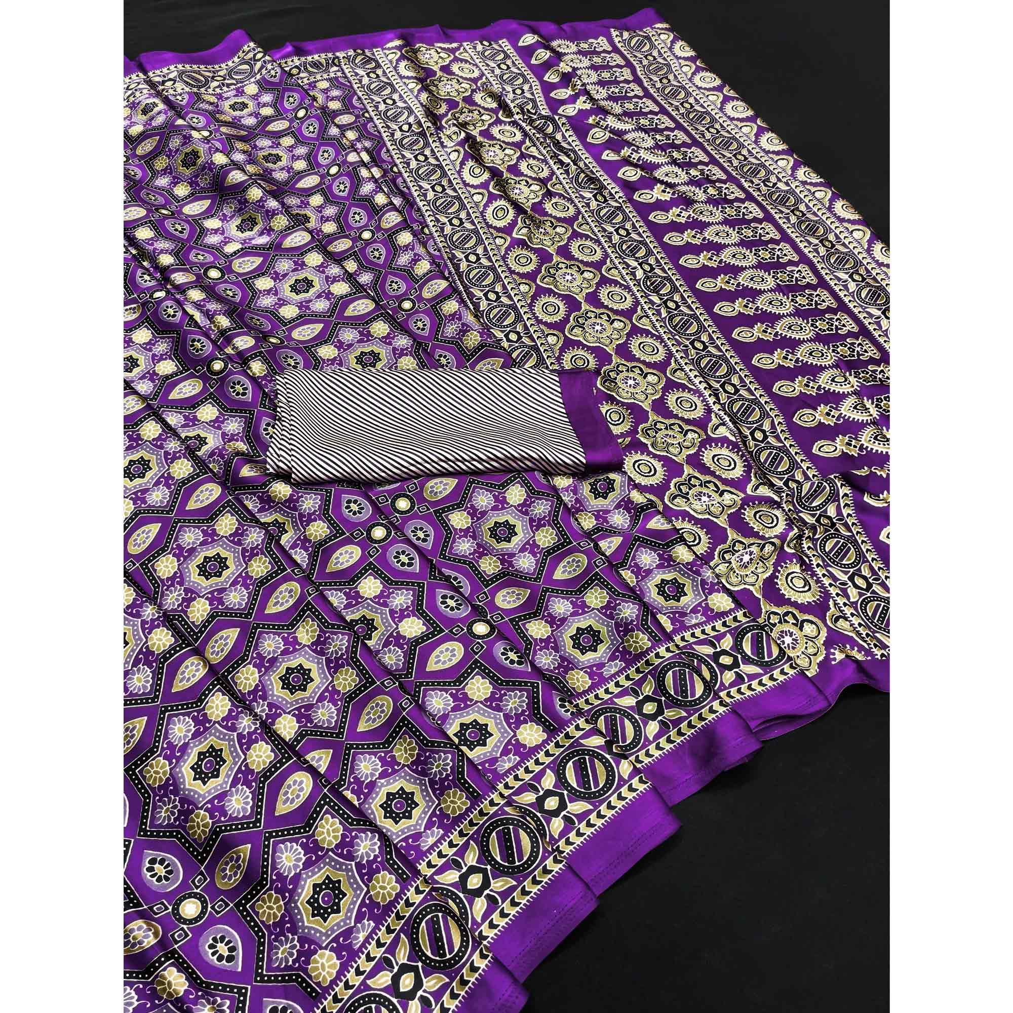 Modern Style Violet Ajrakh Printed Crepe Silk Saree for Elegant Party Occasions