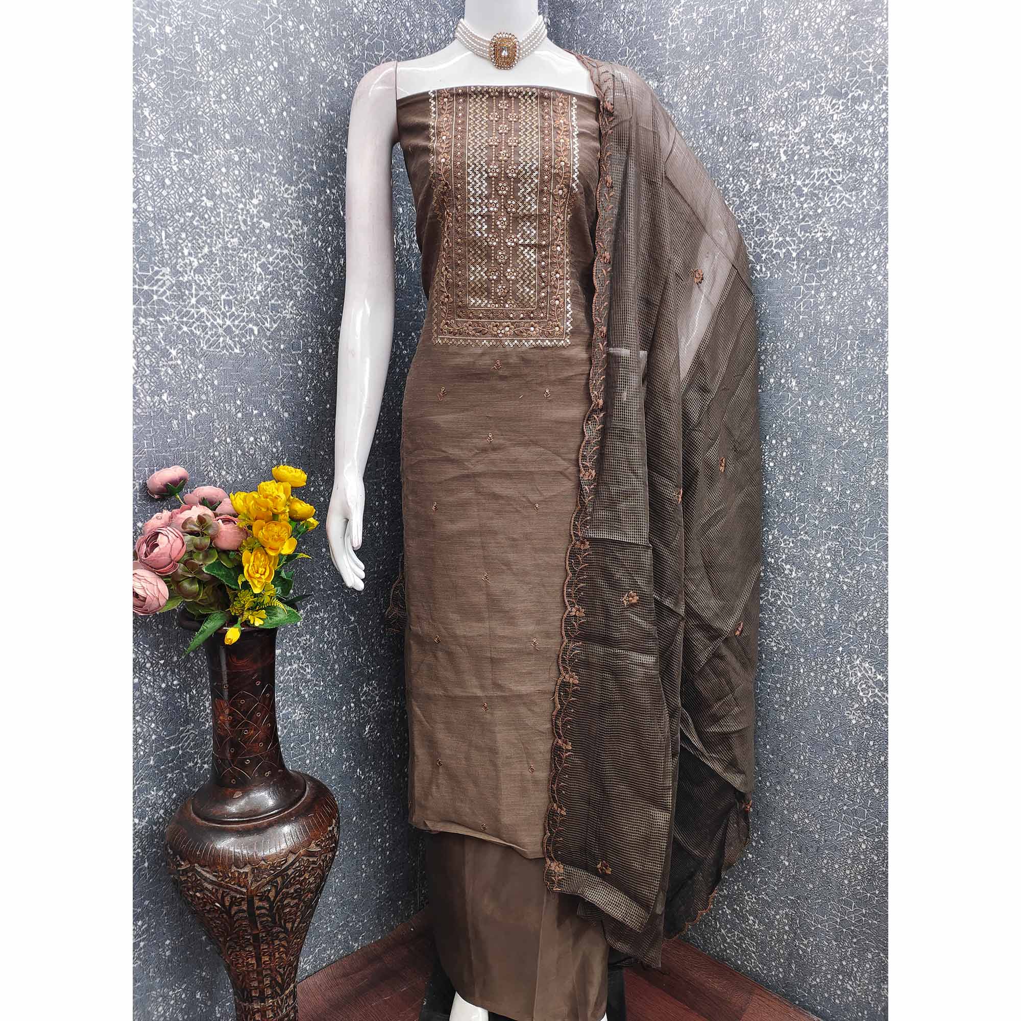 Classic Brown Chanderi Silk Dress Material With Exquisite Floral Sequins Embroidery