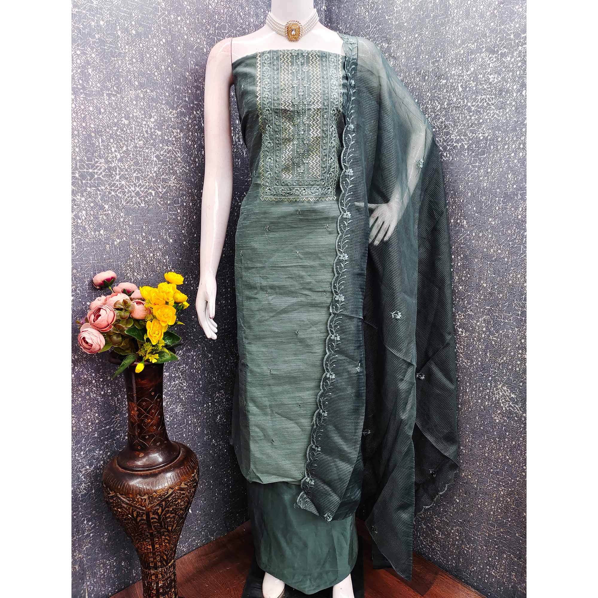 Classic Green Chanderi Silk Dress Material With Exquisite Floral Sequins Embroidery