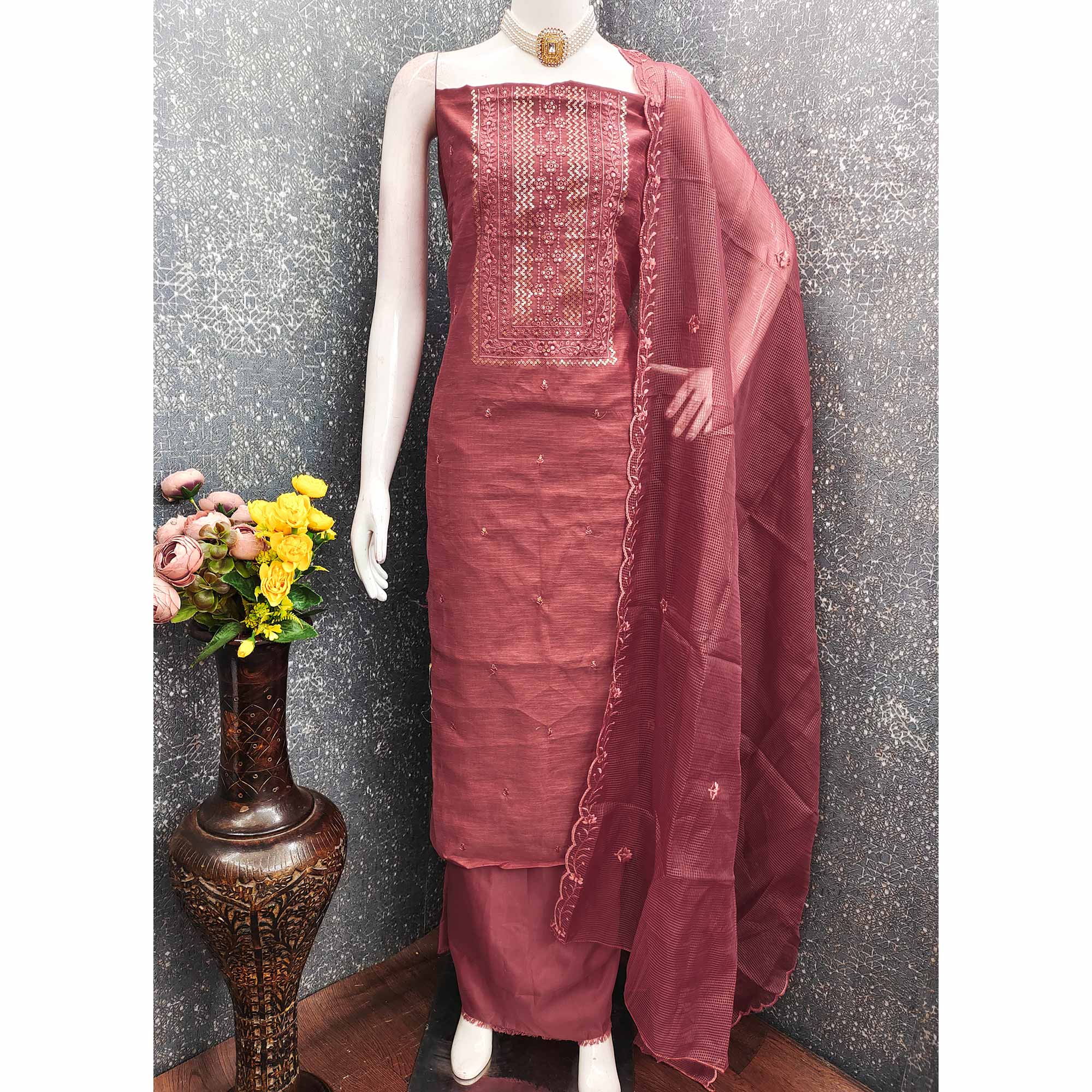 Classic Pink Chanderi Silk Dress Material With Exquisite Floral Sequins Embroidery
