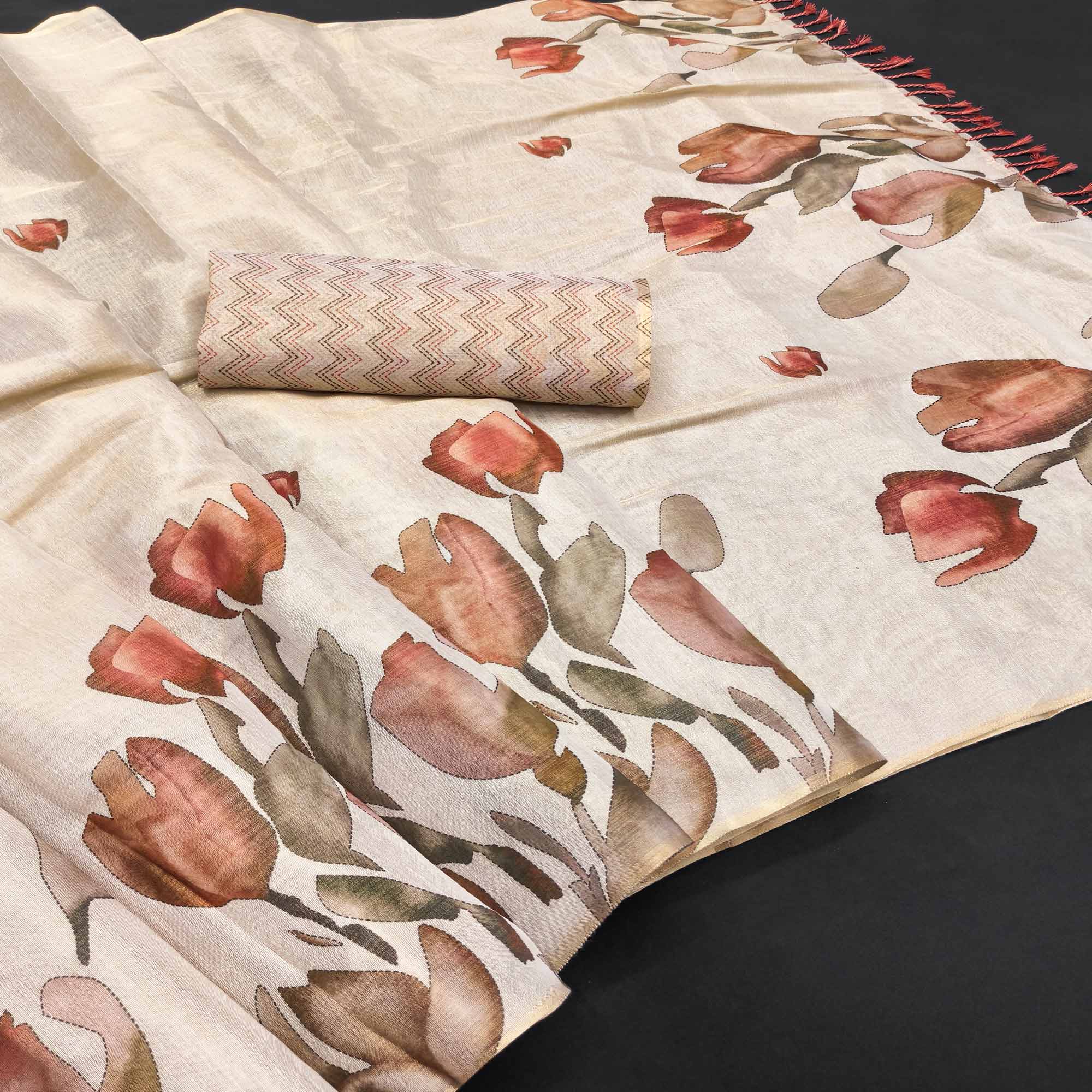 Stylish Beige Floral Print Art Silk Saree Enhanced With Tassel Pallu