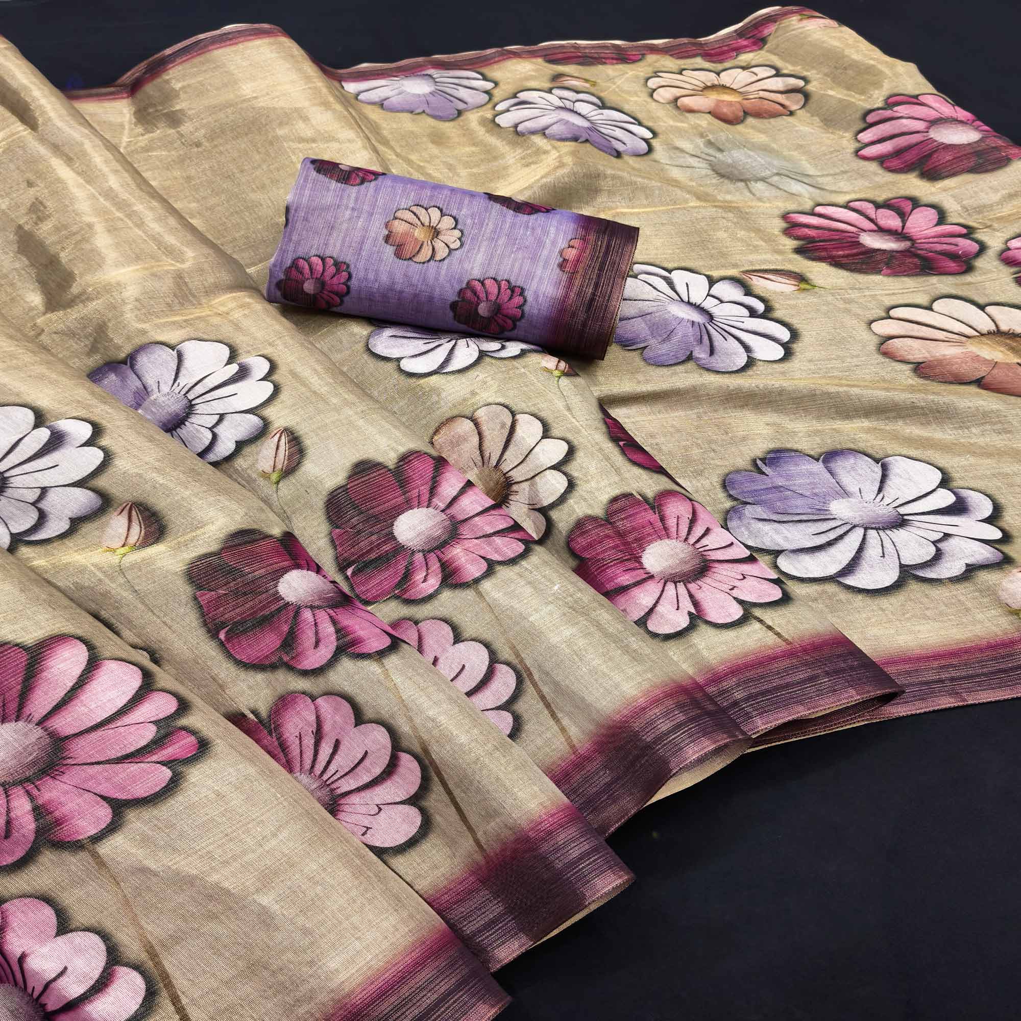 Elegant Chikoo Floral Digital Print Art Silk Saree For Timeless Charm