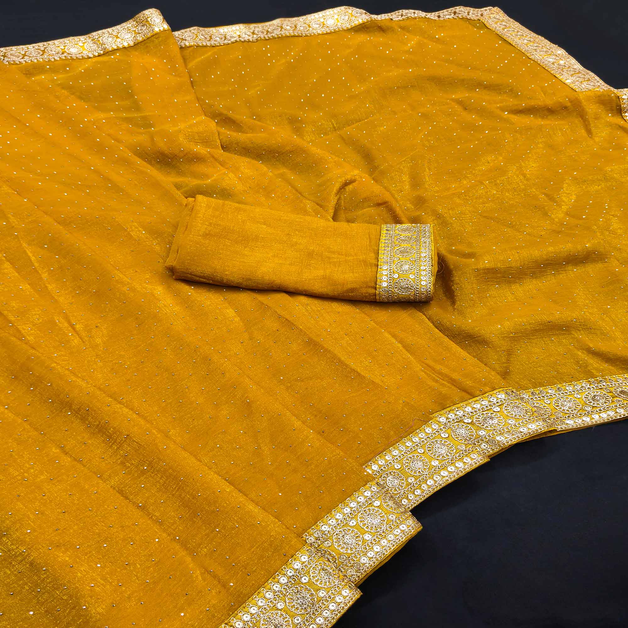 Graceful Mustard Chiffon Saree Adorned With Stonework & Sequins Embroidered Border