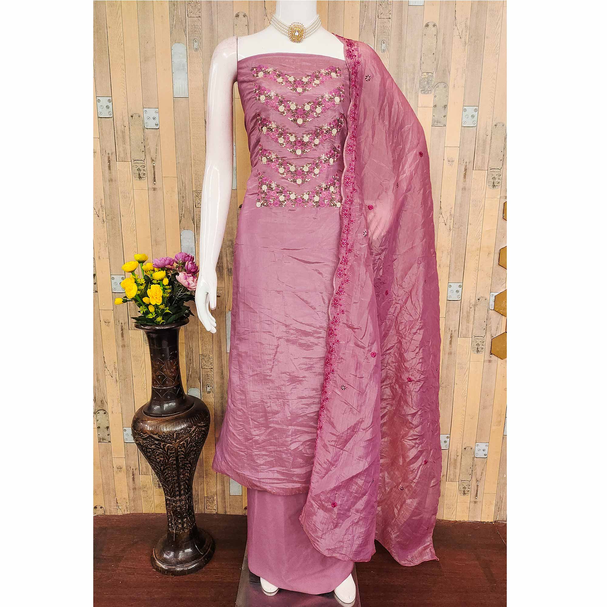 Designer Pink Gold Crush Organza Dress Material With Intricate Floral Thread & Sequins Detailing