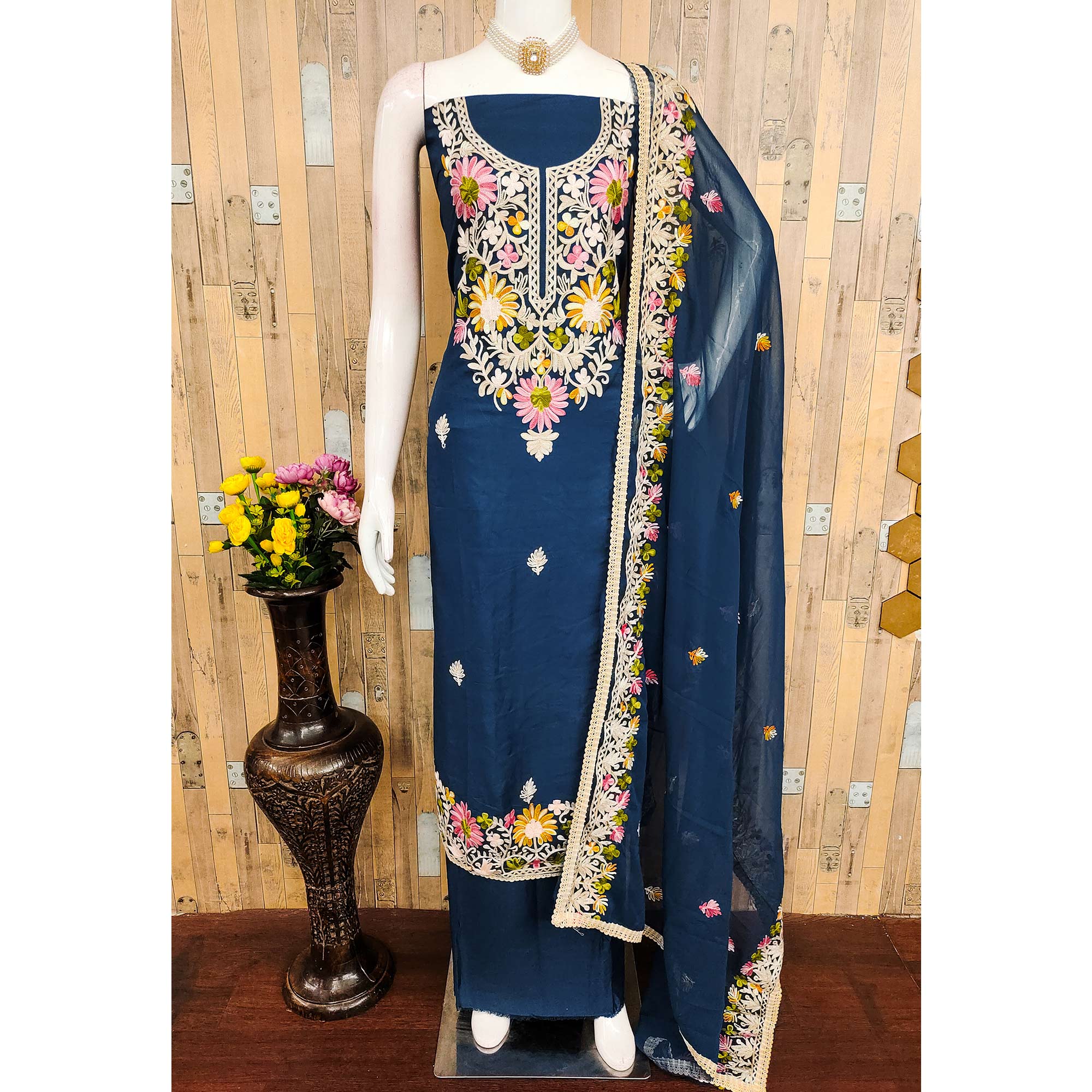 Elegant Blue Floral Thread Embroidered Rayon Dress Material